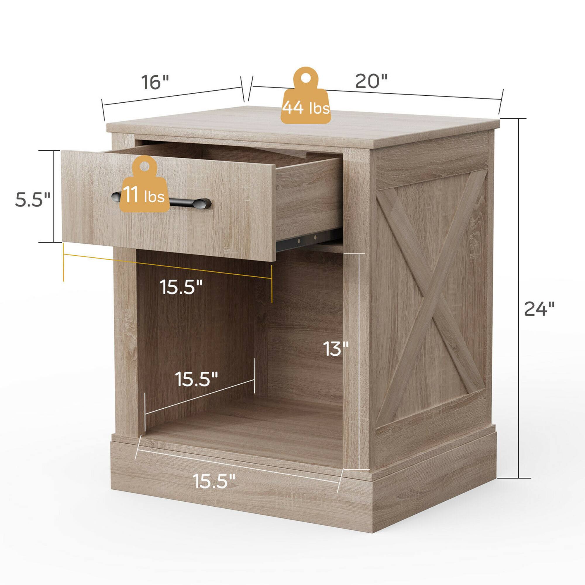 The dimensions and weight capacities of the desk are as follows:

- Width: 20"
- Depth: 16"
- Height: 24"
- Drawer weight capacity: 11 lbs
- Shelf weight capacity: 44 lbs
- Drawer height: 5.5"
- Shelf height: 15.5"
- Shelf depth: 13"