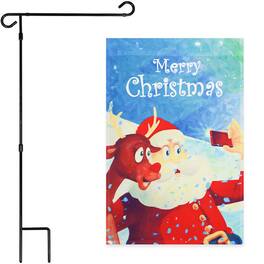 G128 - Garden Flag Stand and 12x18 in Merry Xms Santa with Reindeer Selfie Flag — 36x16 in Metal Pole Kit - Assorted Colors