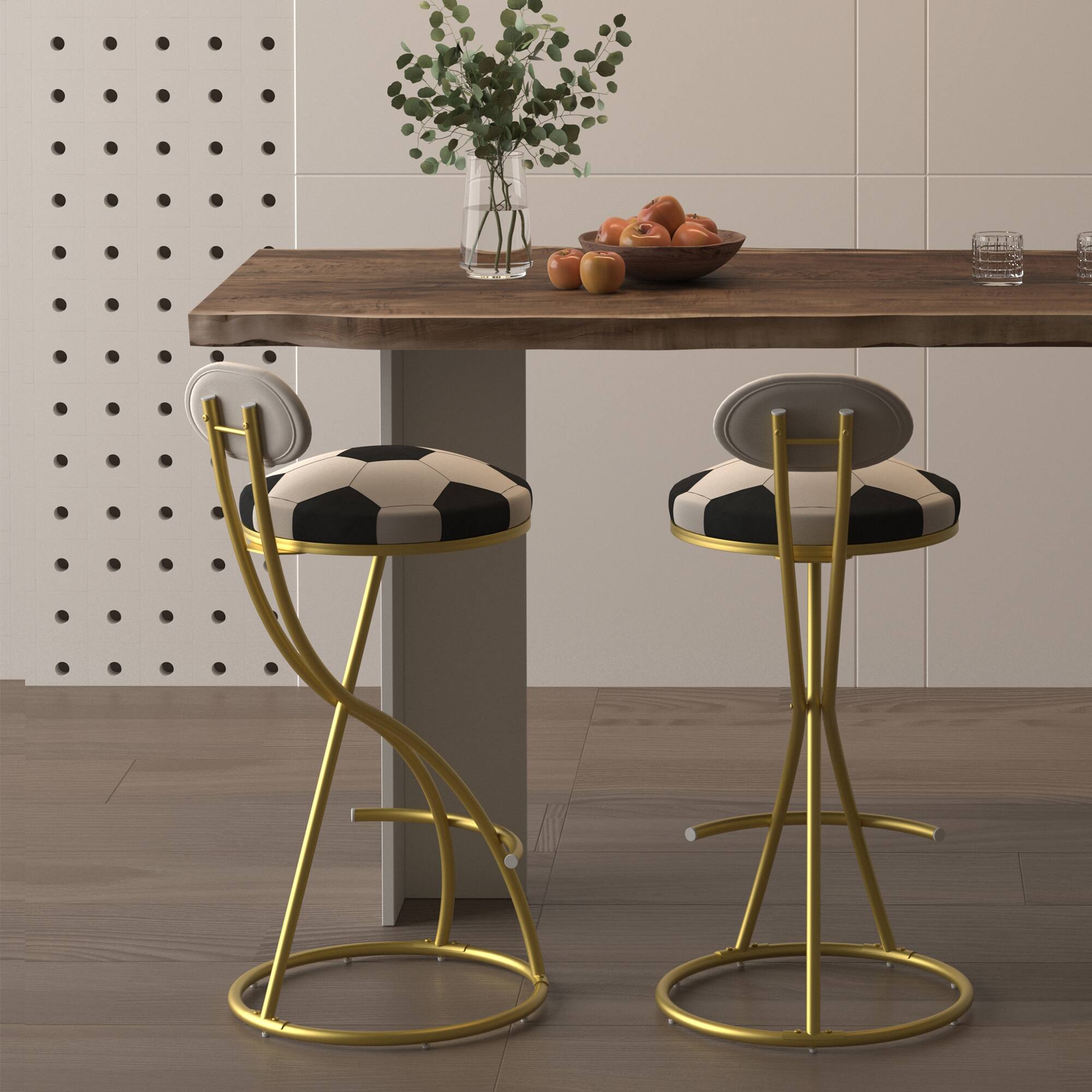 Alt View 1. PexFix - Modern Velvet Bar Stools, Set of 2, S-Shaped with Football Print, Upholstered for Kitchen & Living Room - Gold.