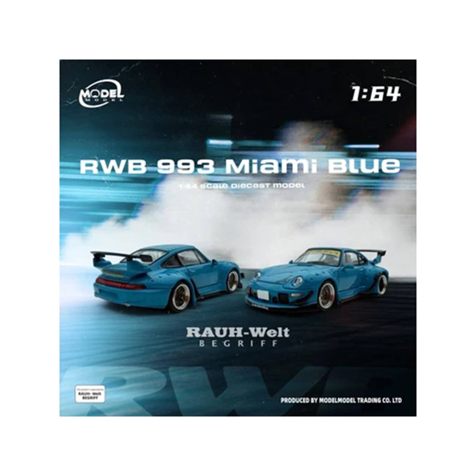 MODEL MODEL  
1:64  
RWB 993 Miami Blue 1:84 scale diecast model  
RAUH-Welt BEGRIFF BEGRIFF  
PRODUCED BY MODELMODEL TRADING CO. LTD