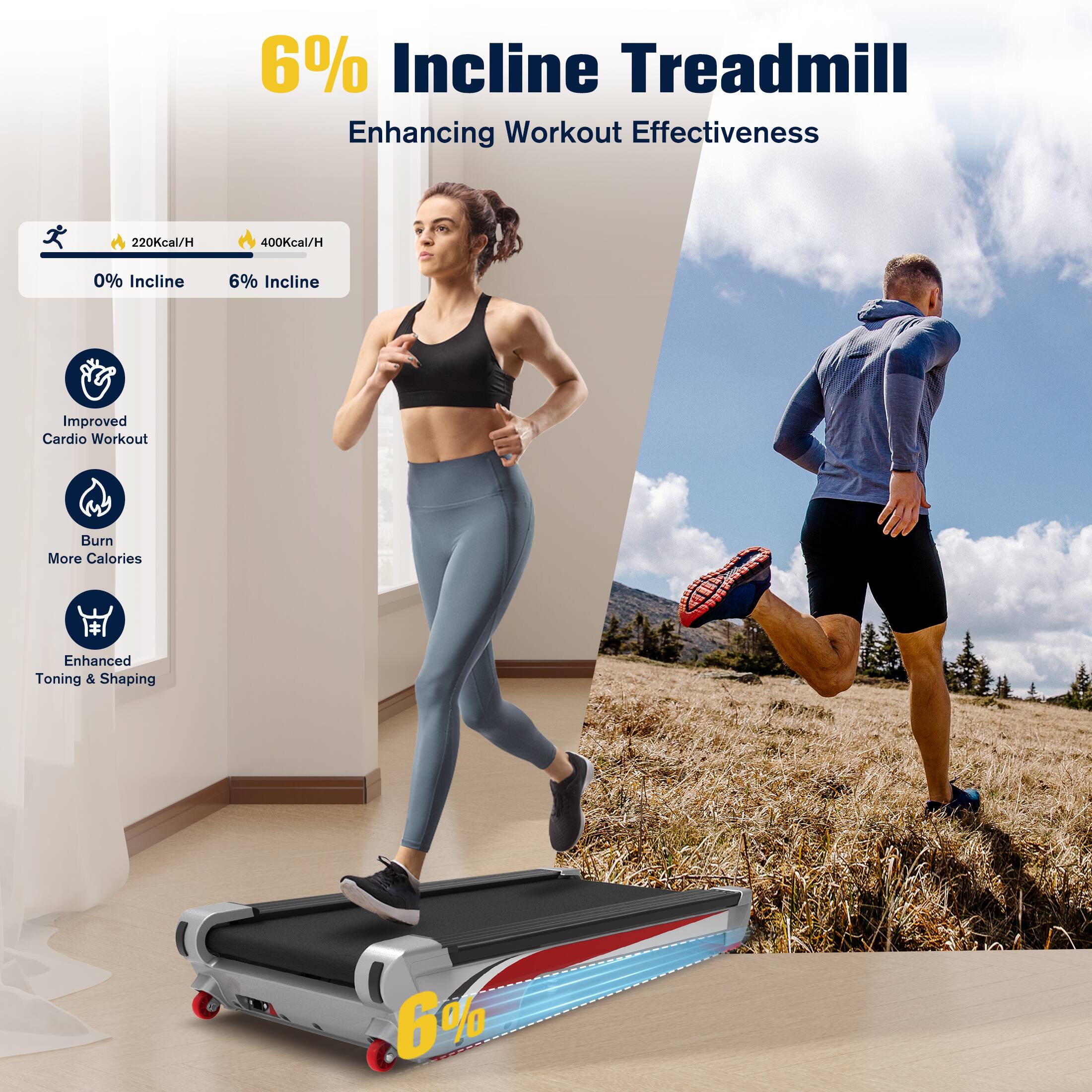 6% Incline Treadmill Enhancing Workout Effectiveness

220Kcal/H 400kcal/H
0% Incline 6% Incline
Improved Cardio Workout
Burn More Calories
Enhanced Toning & Shaping