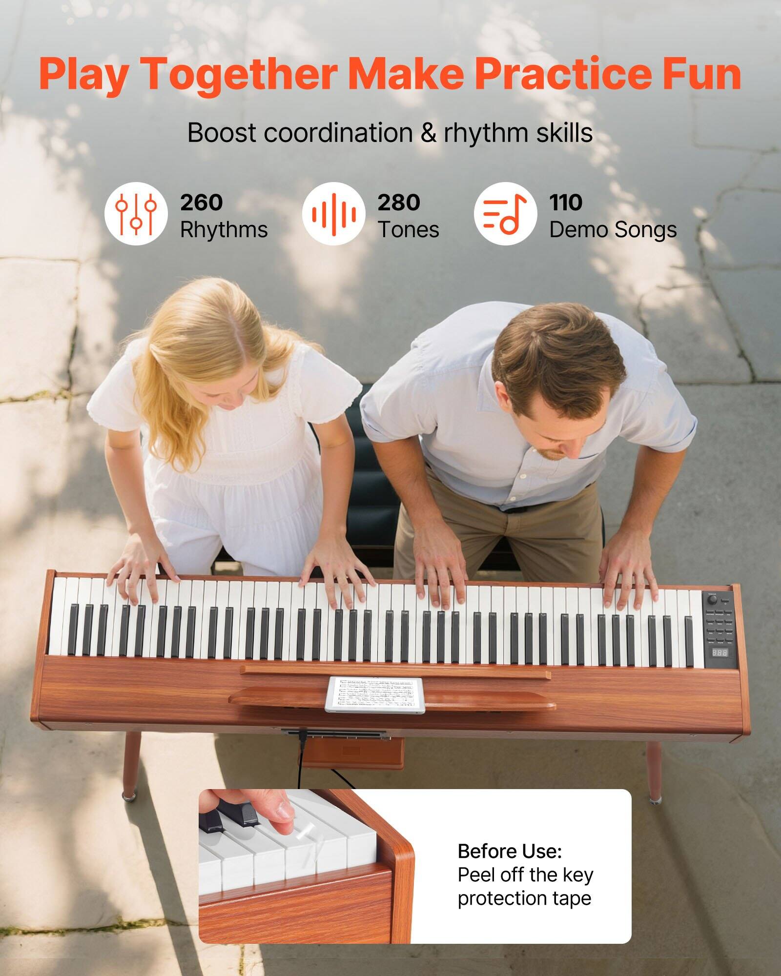 Play Together Make Practice Fun

Boost coordination & rhythm skills

260 Rhythms  
280 Tones  
110 Demo Songs

Before Use: Peel off the key protection tape