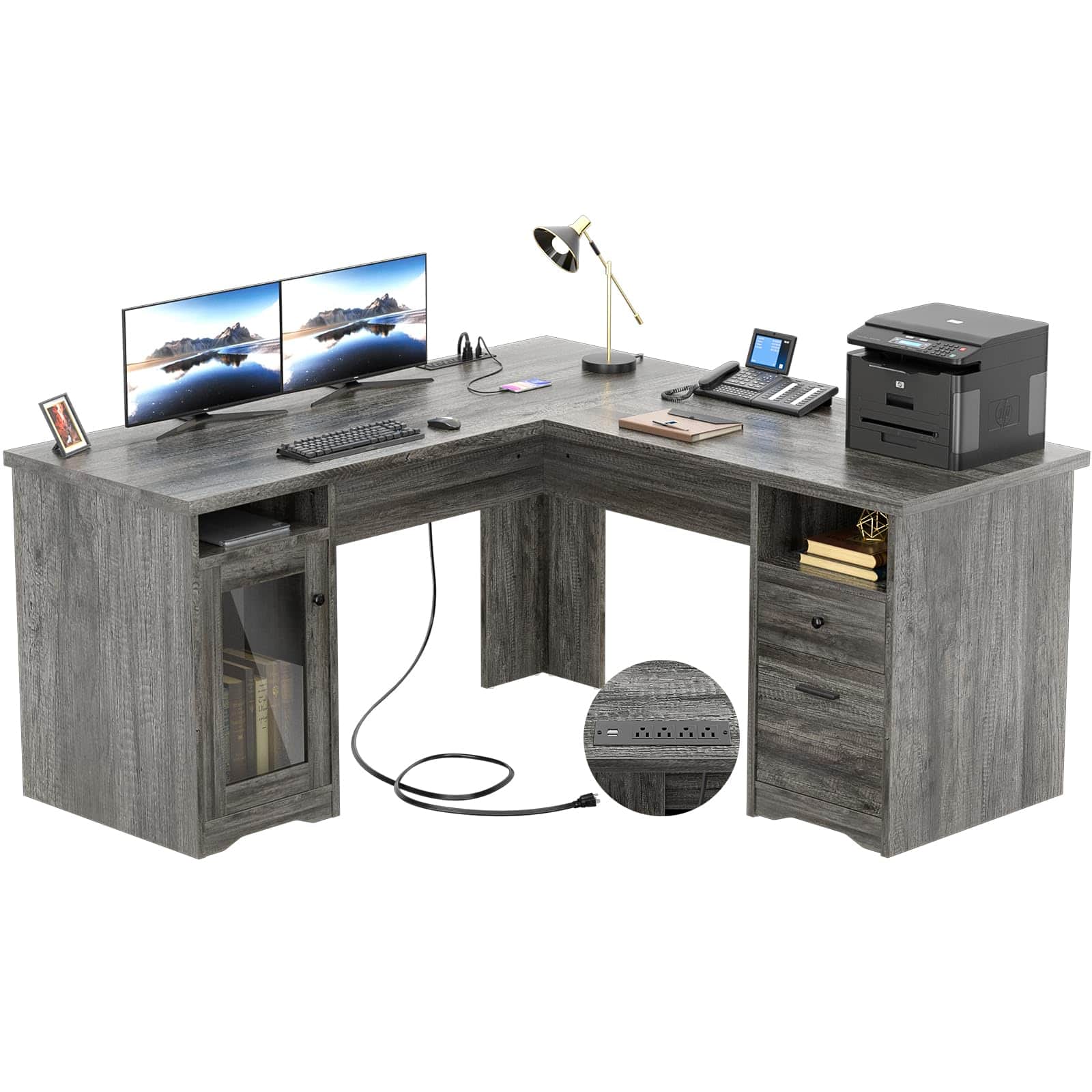 Aheaplus - 60"L-Shaped Corner Desk - Sturdy 2-Person Executive Desk with Storage/File Cabinets & Power/USB Ports - Gray Oak