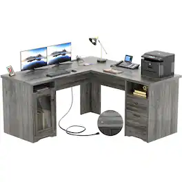 Aheaplus - 60"L-Shaped Corner Desk - Sturdy 2-Person Executive Desk with Storage/File Cabinets & Power/USB Ports - Gray Oak