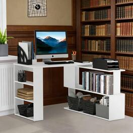 Anysun - Modern Minimalist Rotating Design Wooden Laminated Corner Computer Desk with Shelf and Side Bookcase, Assembly Required - White