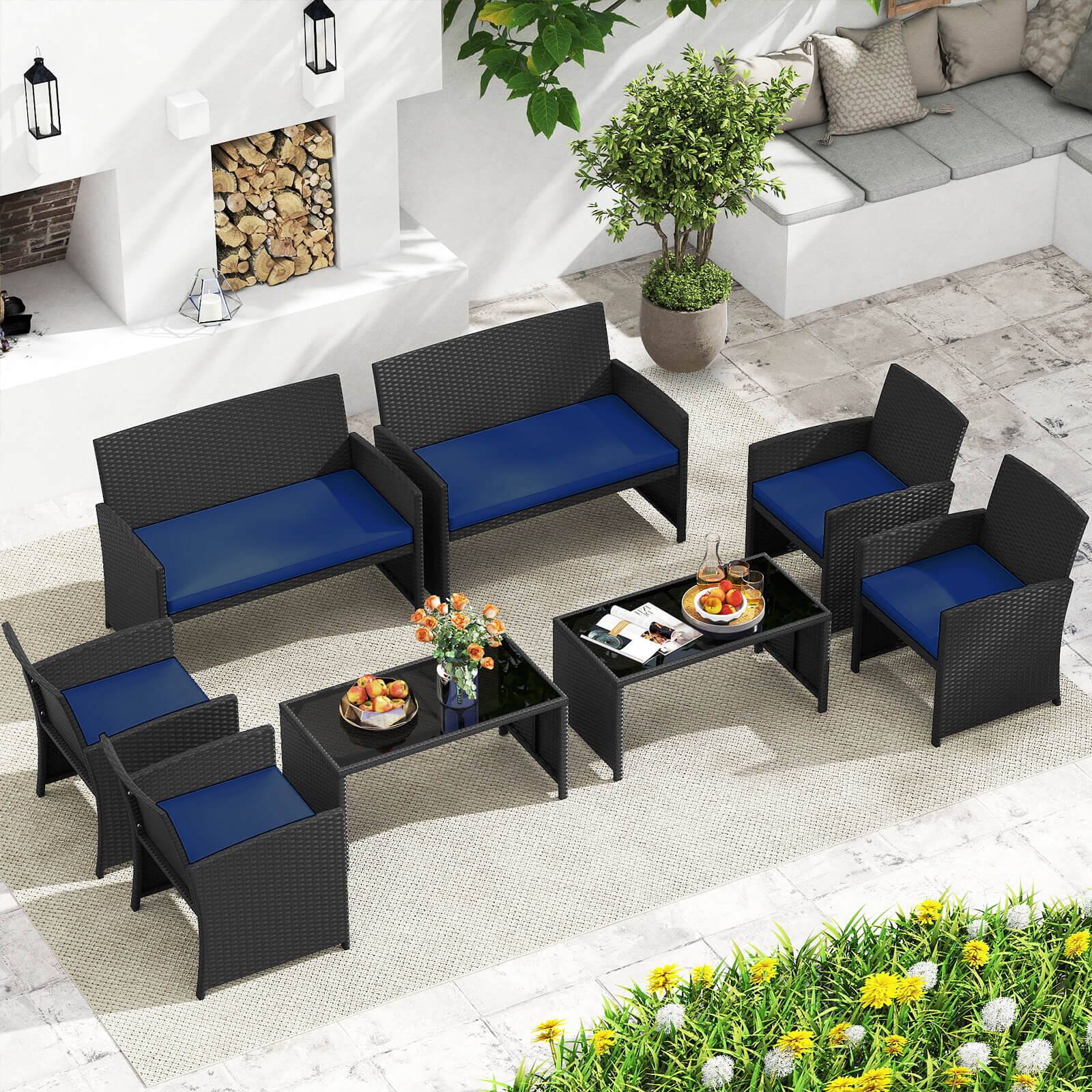 Alt View 1. Costway - Costway 8 PCS Patio Conversation Set with Seat Cushions & Tempered Glass Tabletop, Porch - Navy+Black.
