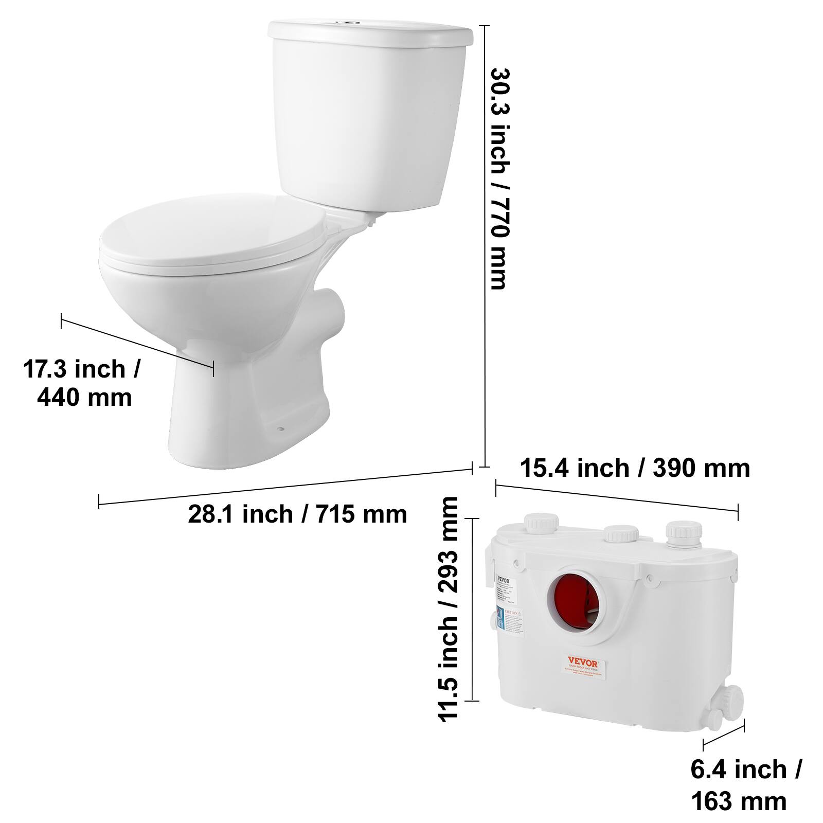 30.3 inch / 770 mm  
17.3 inch / 440 mm  
28.1 inch / 715 mm  
11.5 inch / 293 mm  
15.4 inch / 390 mm  
6.4 inch / 163 mm