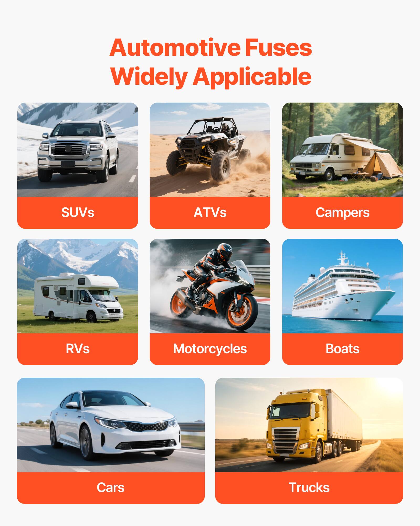 Automotive Fuses Widely Applicable

- SUVs
- ATVs
- Campers
- RVs
- Motorcycles
- Boats
- Cars
- Trucks