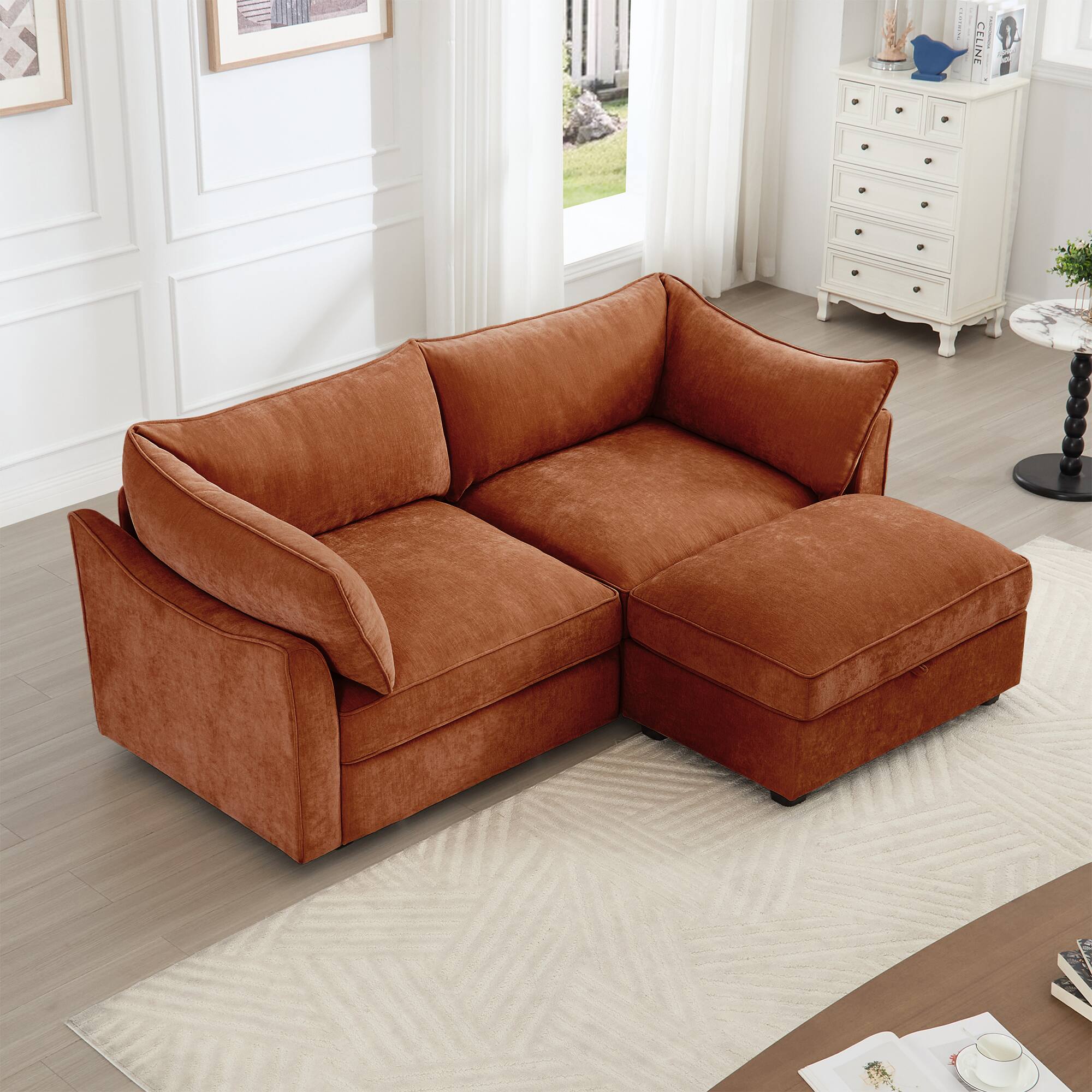 Angle. Aukfa - 2-Seater Sofa with Storage Footstool - Crescent-Shaped Armrests, Chenille Fabric, Wraparound Cushions - Orange.