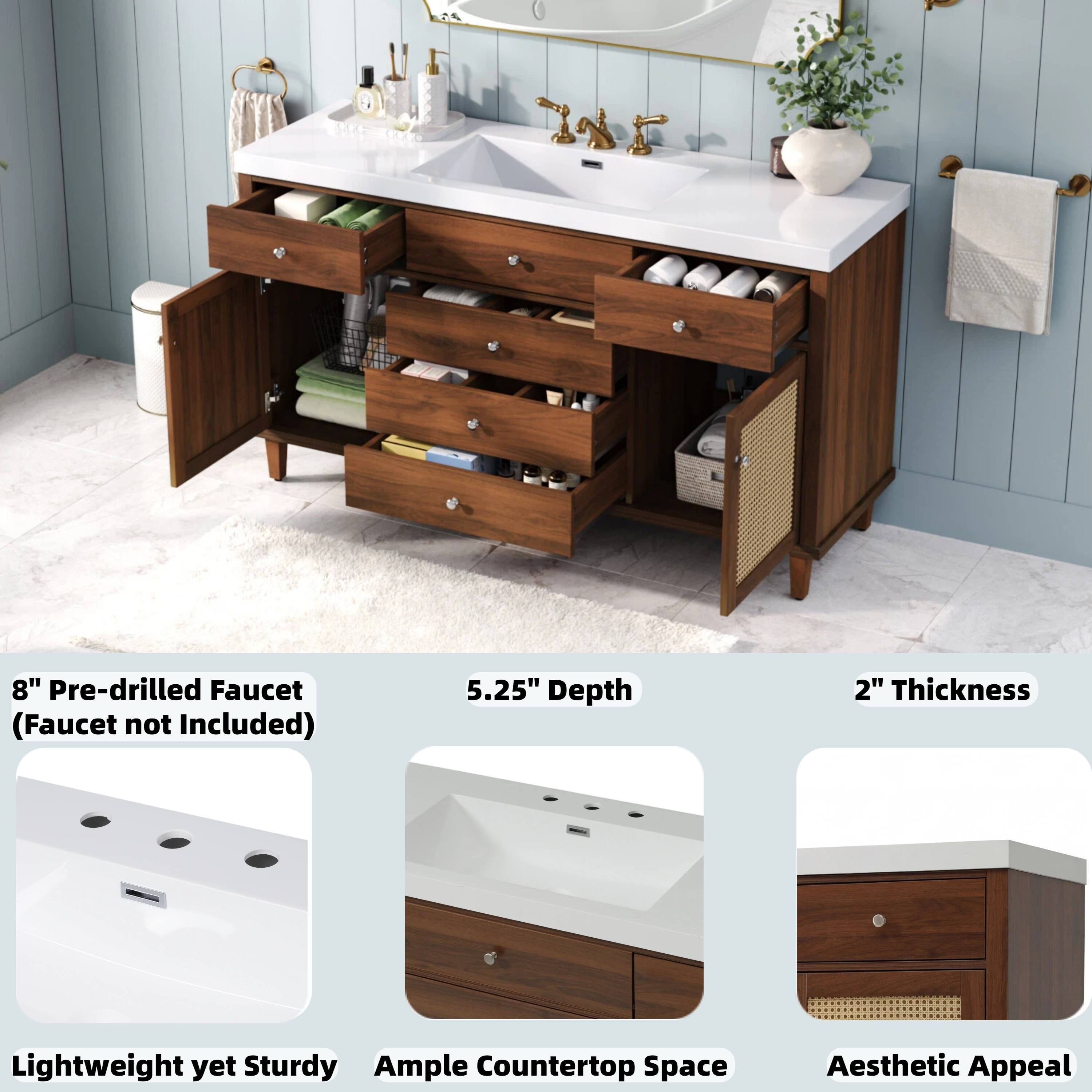 8" Pre-drilled Faucet (Faucet not Included)  
5.25" Depth  
2" Thickness  
Lightweight yet Sturdy  
Ample Countertop Space  
Aesthetic Appeal