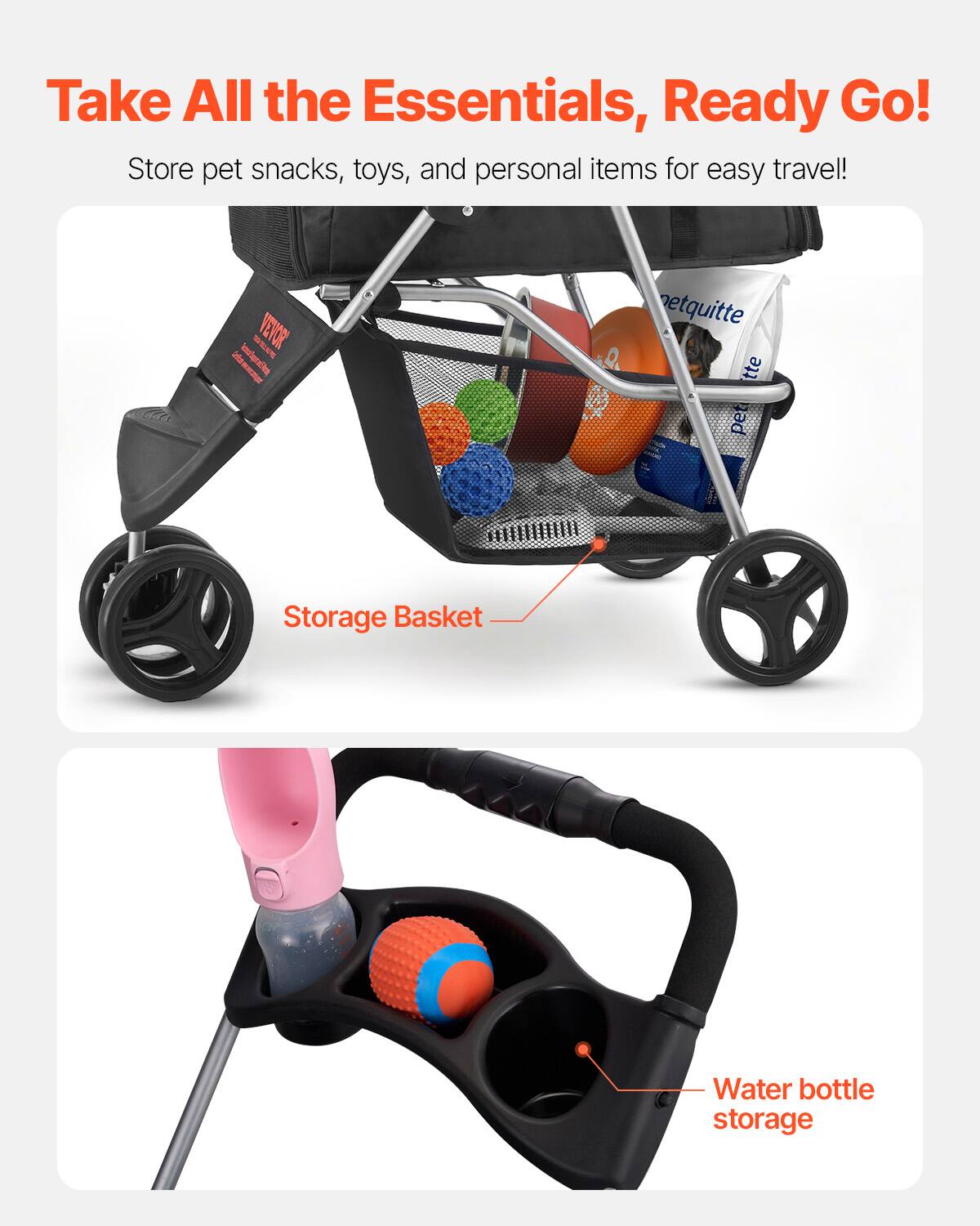 Take All the Essentials, Ready Go!  
Store pet snacks, toys, and personal items for easy travel!  

Storage Basket  
Water bottle storage