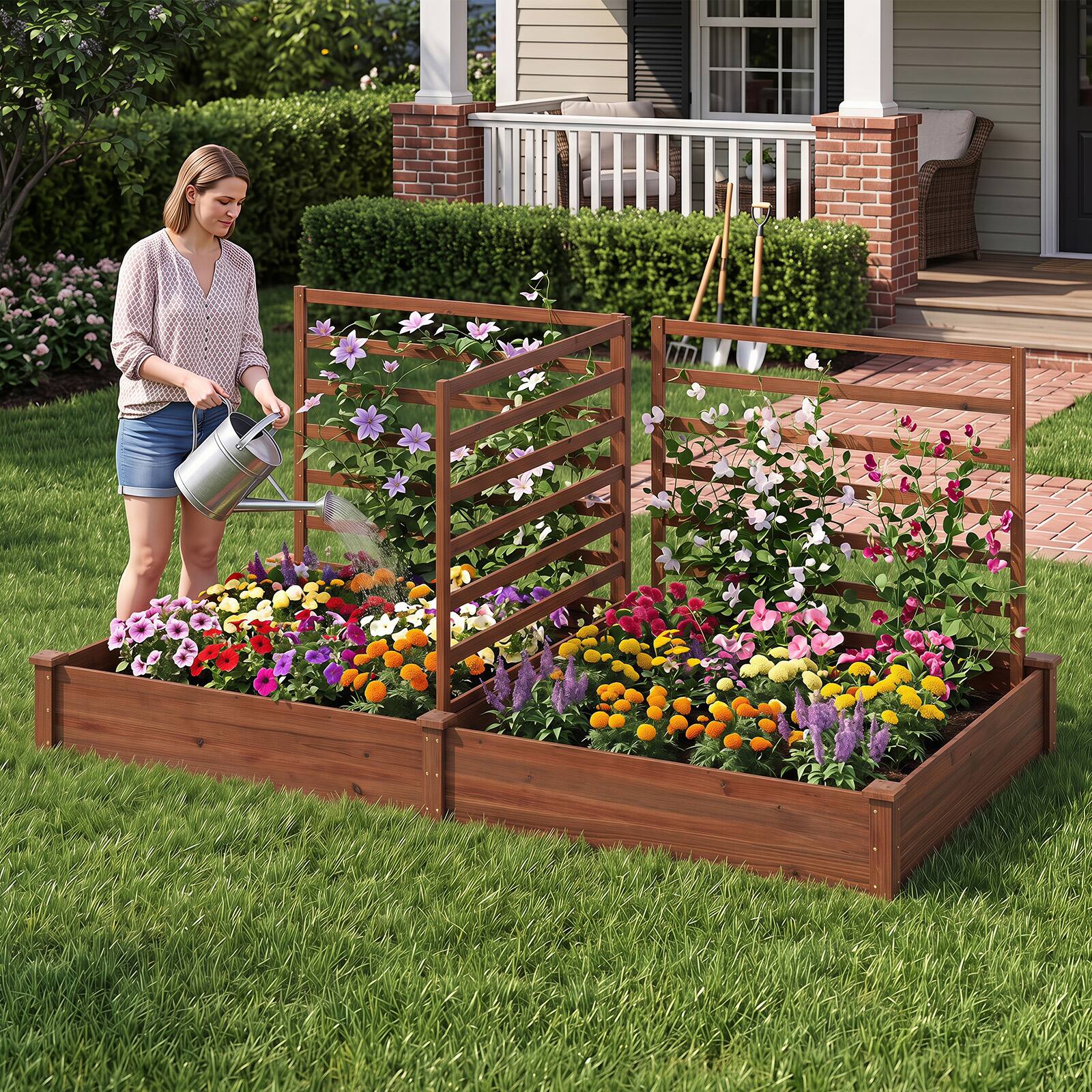 Alt View 1. Costway - Costway Raised Garden Bed with 3 Trellis, 2 Planter Boxes for Fruit, Vegetable, Flower - Dark Brown.