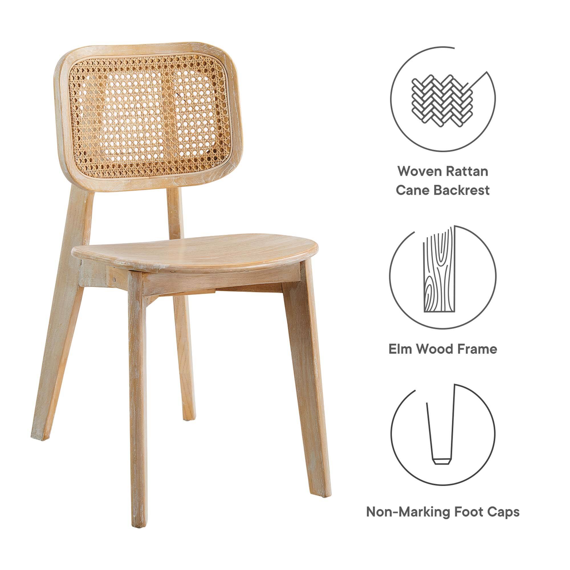 - Woven Rattan Cane Backrest
- Elm Wood Frame
- Non-Marking Foot Caps