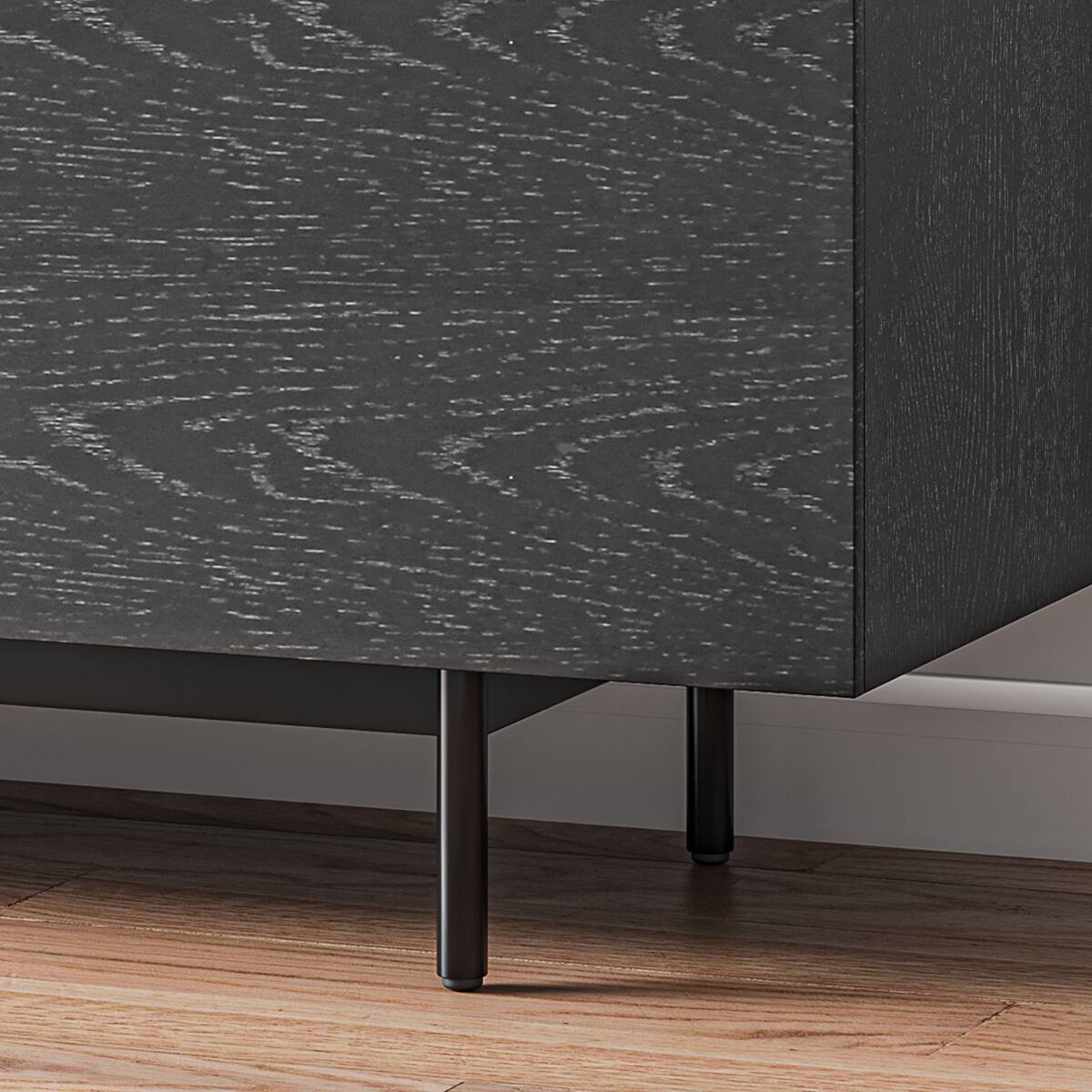 Alt View 2. POVISON - 94" Mid-Century Modern TV Stand, Minimalist Slatted Wood TV Console with Black Tall-Cast Metal Feet, Black Oak - Black.