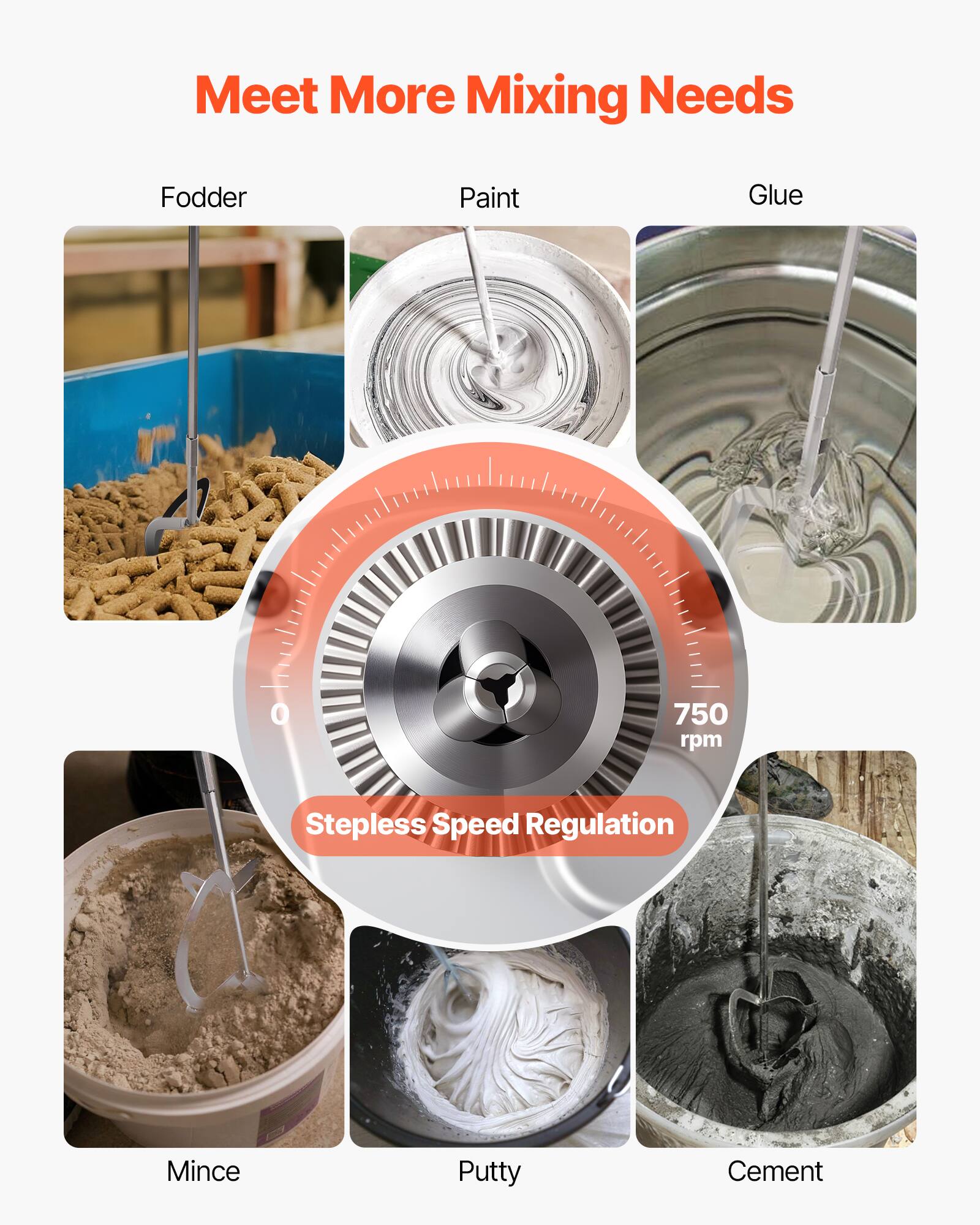 Meet More Mixing Needs

Fodder
Paint
Glue

0
750 rpm
Stepless Speed Regulation

Mince
Putty
Cement