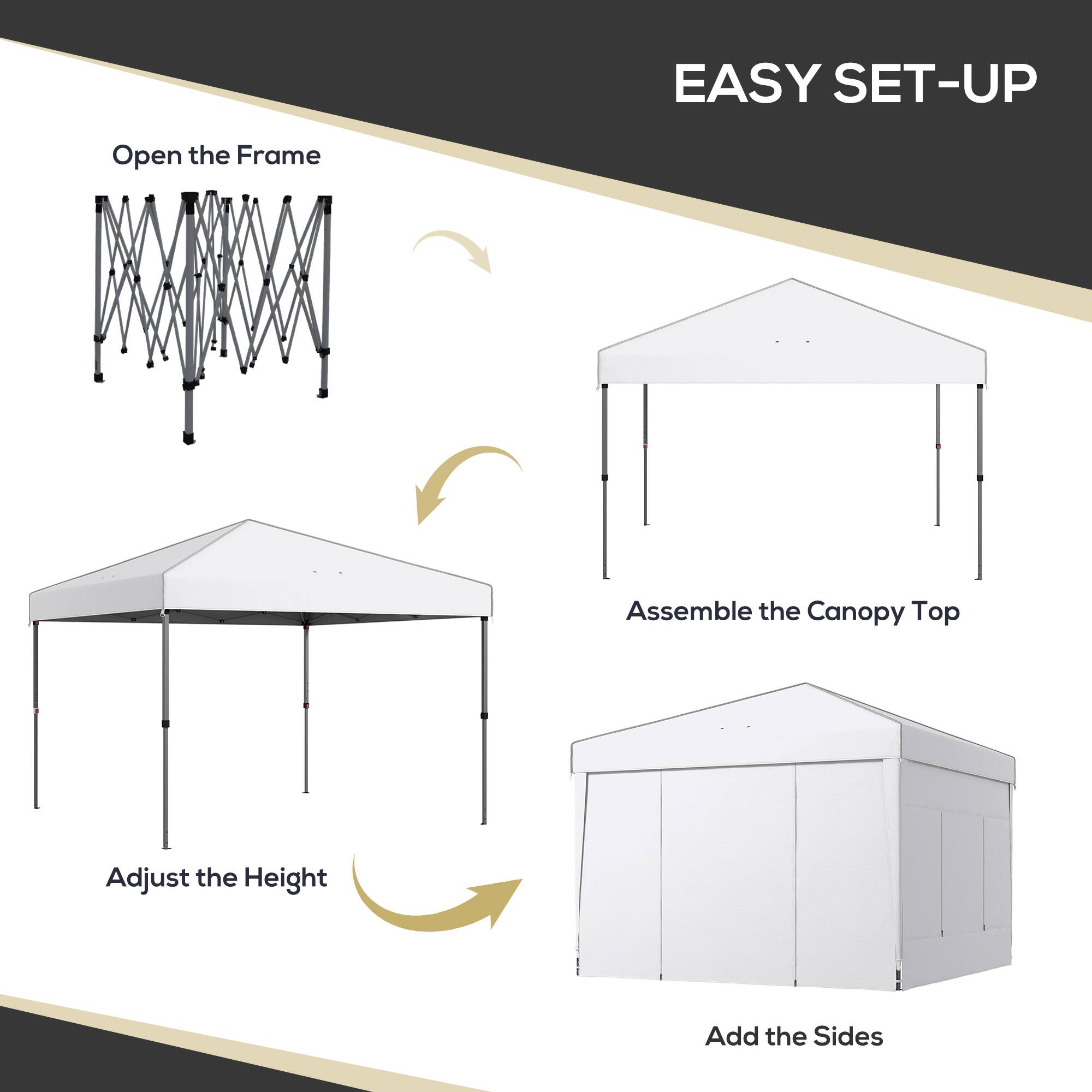 EASY SET-UP

1. Open the Frame
2. Assemble the Canopy Top
3. Adjust the Height
4. Add the Sides