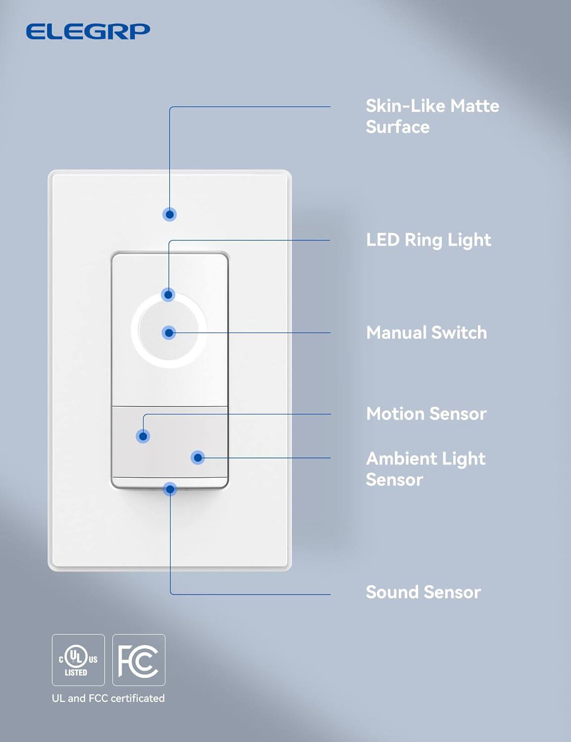 ELEGRP Skin-Like Matte Surface LED Ring Light Manual Switch Motion Sensor Ambient Light Sensor Sound Sensor C UL US FC LISTED UL and FCC certified