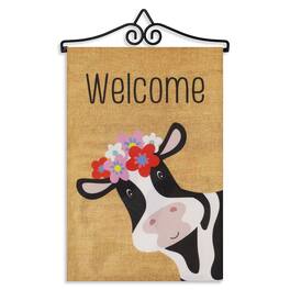 G128 - 14 in Garden Flag Hanger with 12 x 18 in Double-Sided Burlap Garden Flag — Welcome Cow with Flowers - Brown