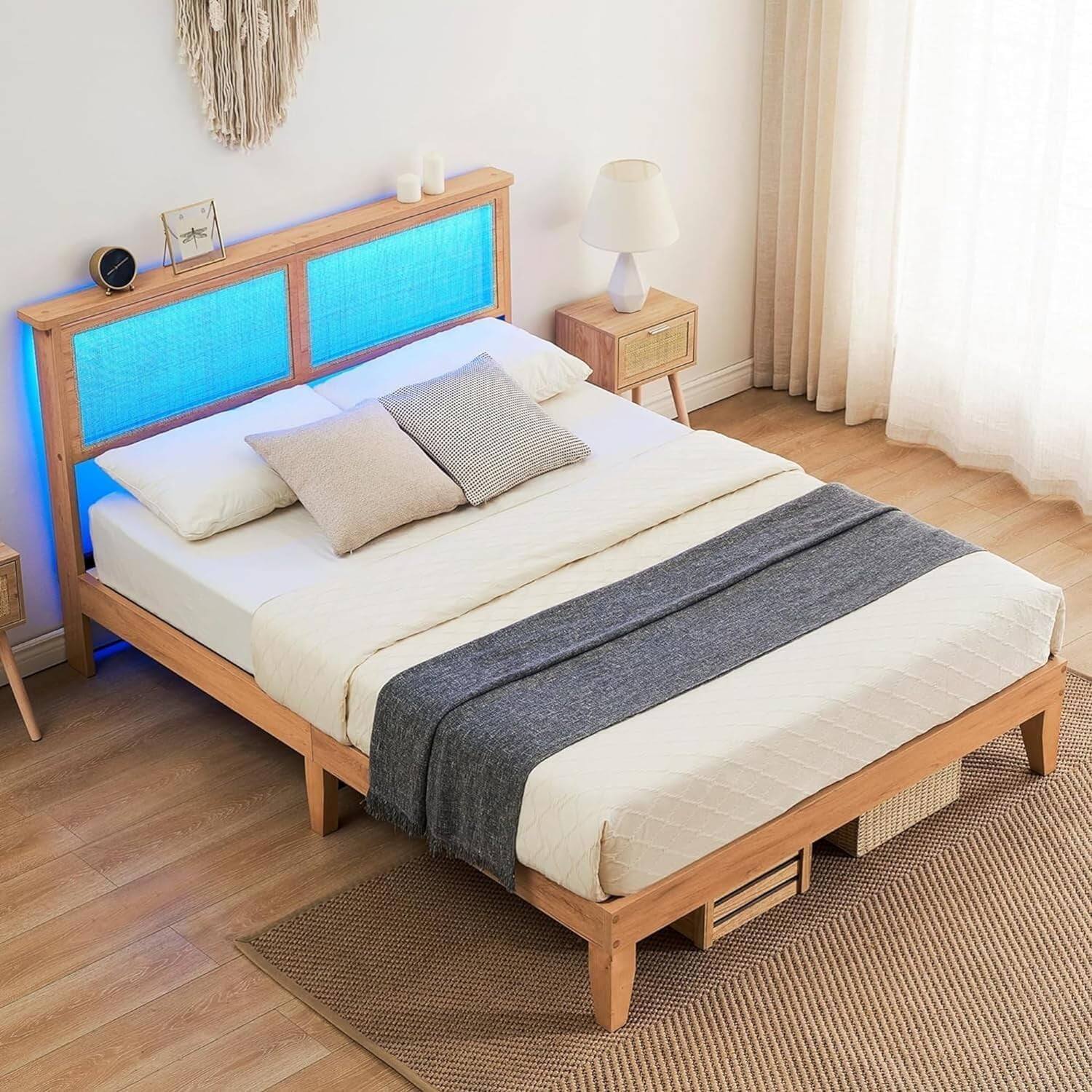 Alt View 2. GARVEE - Full Rattan Bed Frame with Wood Headboard LED Lights Wooden Slats Noise-Free Easy Assembly - Wood Color Full.