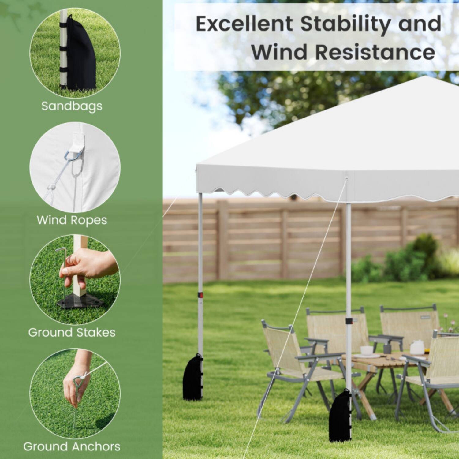 Excellent Stability and Wind Resistance

- Sandbags
- Wind Ropes
- Ground Stakes
- Ground Anchors