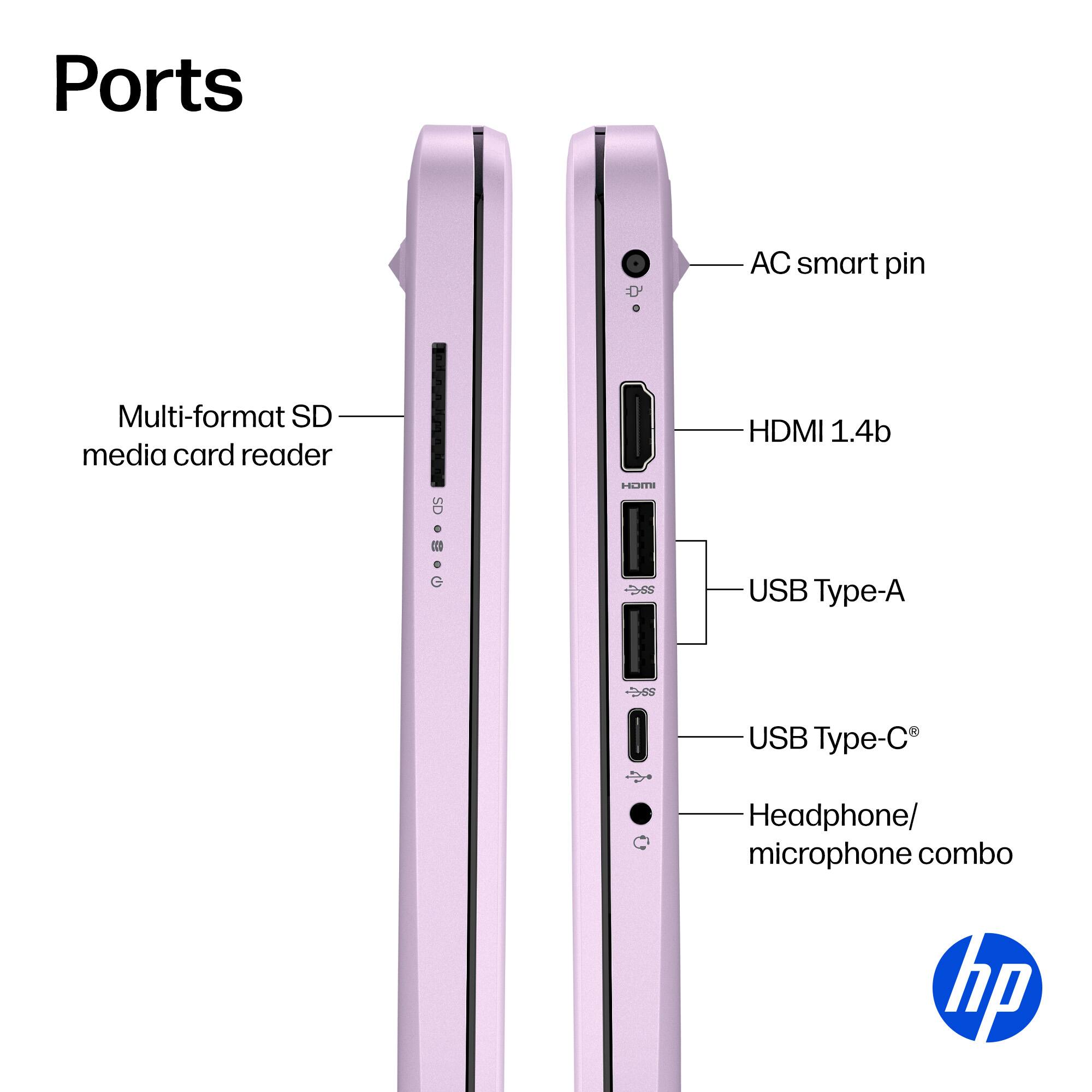 Ports

- Multi-format SD media card reader
- AC smart pin
- HDMI 1.4b
- USB Type-A
- USB Type-C
- Headphone/ microphone combo
