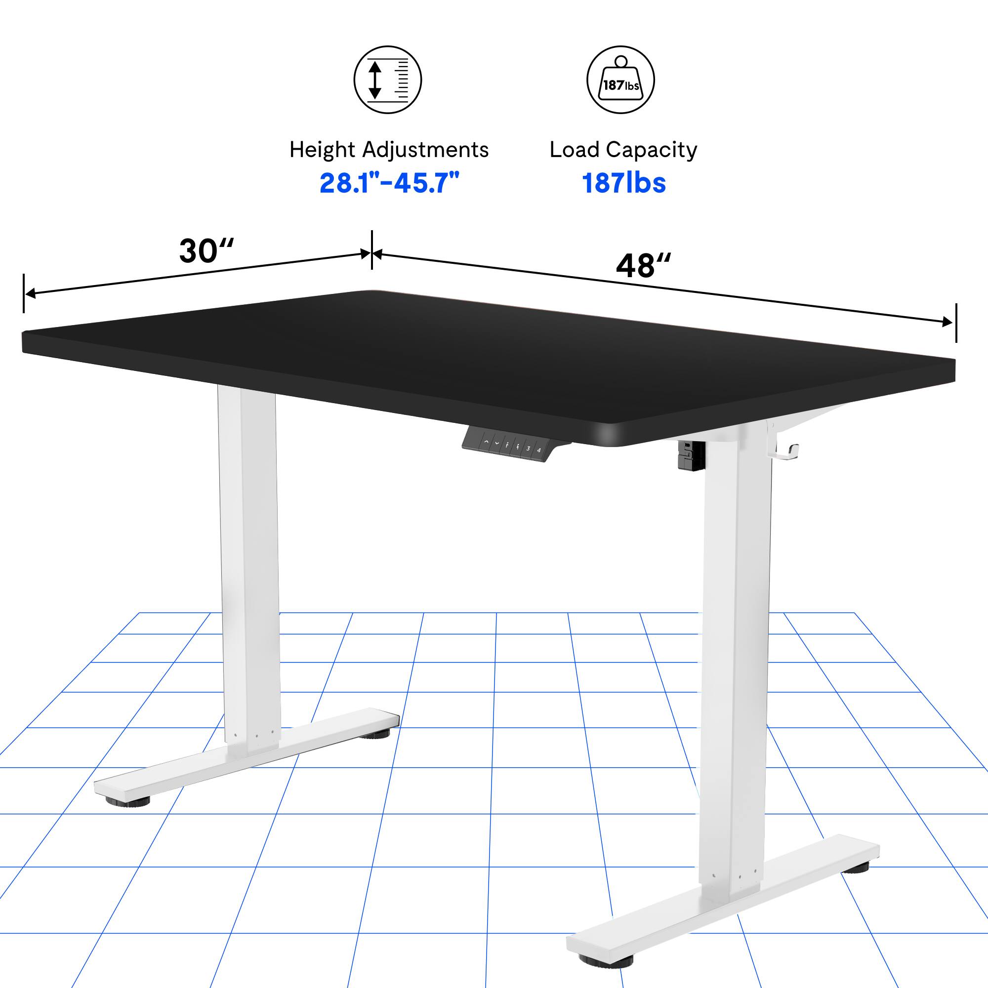 187lbs  
Height Adjustments 28.1"-45.7"  
Load Capacity 187lbs  
30" x 48"