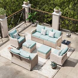 Yardgrace - 7 Pieces Patio Swivel Chair Set Wicker Sofa Rattan Conversation Three Seat Sofa 2 Ottomans Loveseat Lawn Backyard - Blue