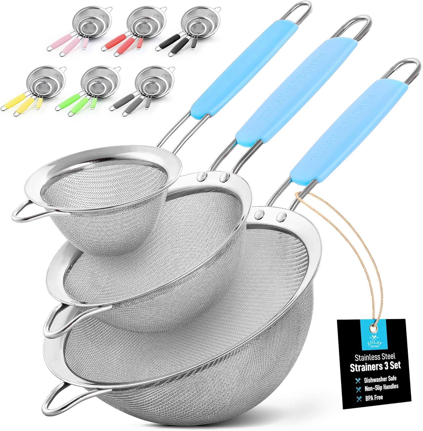 Zulay Kitchen - Premium Stainless Steel Fine Mesh Strainer Set - Strainers For Kitchen (Set of 3) with Non-Slip Handles