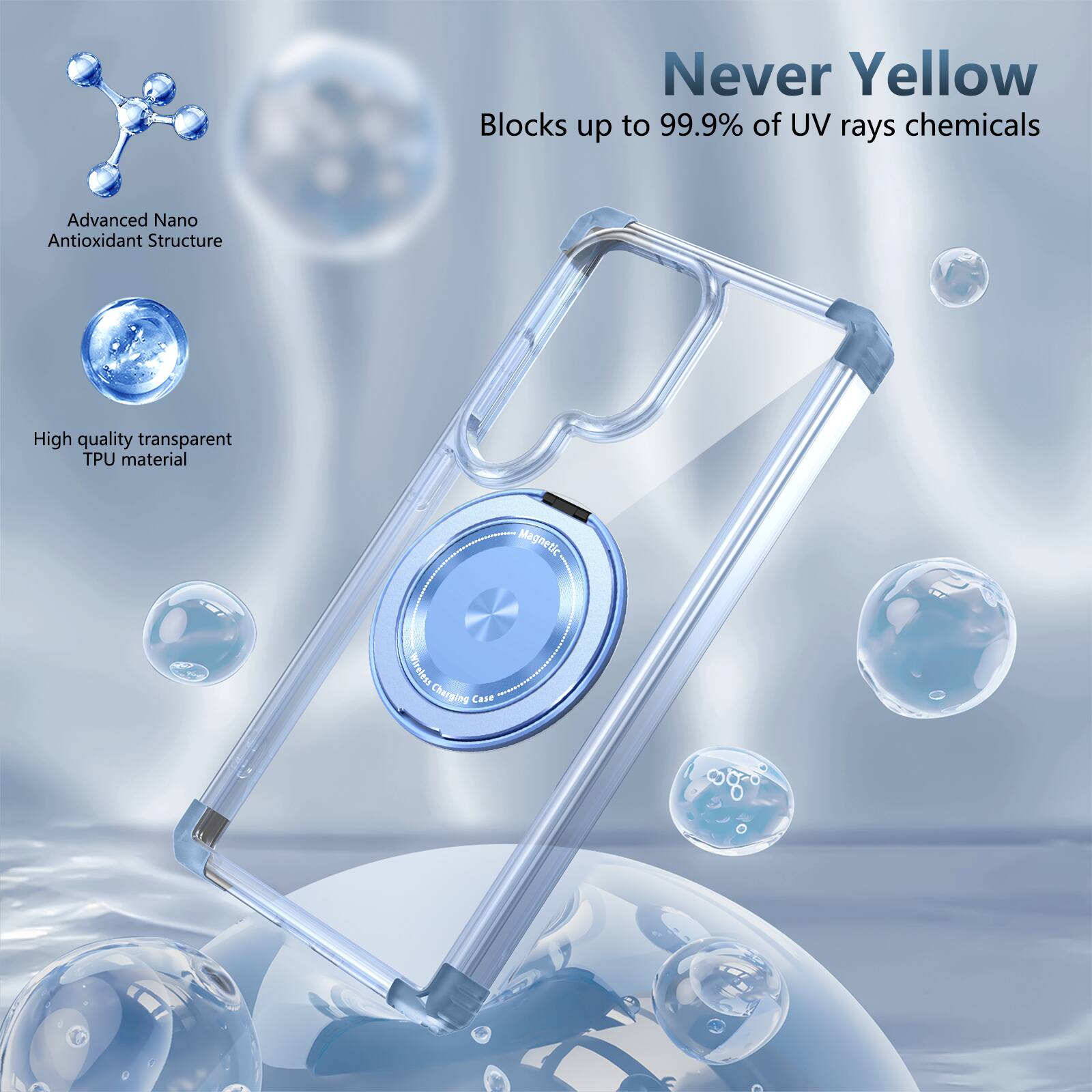 Never Yellow  
Blocks up to 99.9% of UV rays chemicals  
Advanced Nano Antioxidant Structure  
High quality transparent TPU material  
Magnetic Wireless Charging Case