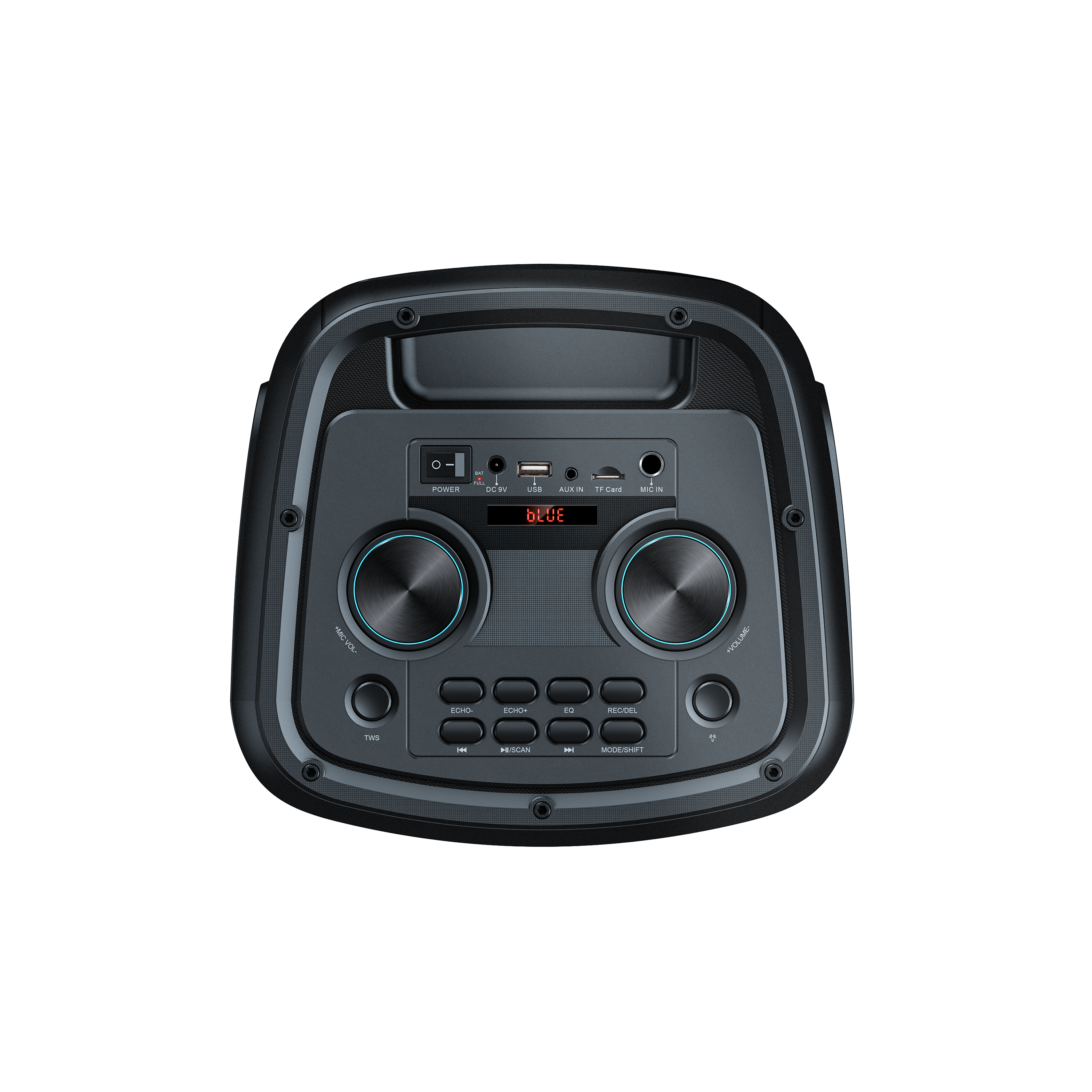 ac  
POWER  
DC 9V  
USB  
AUX IN 5 TFC Card  
MC x  
30Jd  
AOP-  
*VOLUME  
ECHO-  
ECHO=  
FC  
RECOEL  
TWS  
MISCAN 14  
MODE/SHIFT  
1