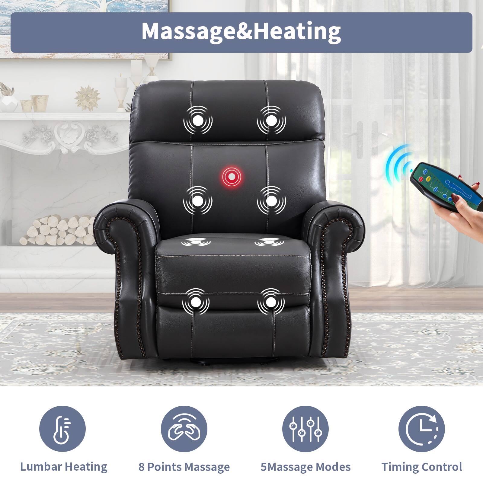 Massage & Heating

Lumbar Heating  
8 Points Massage  
5 Massage Modes  
Timing Control