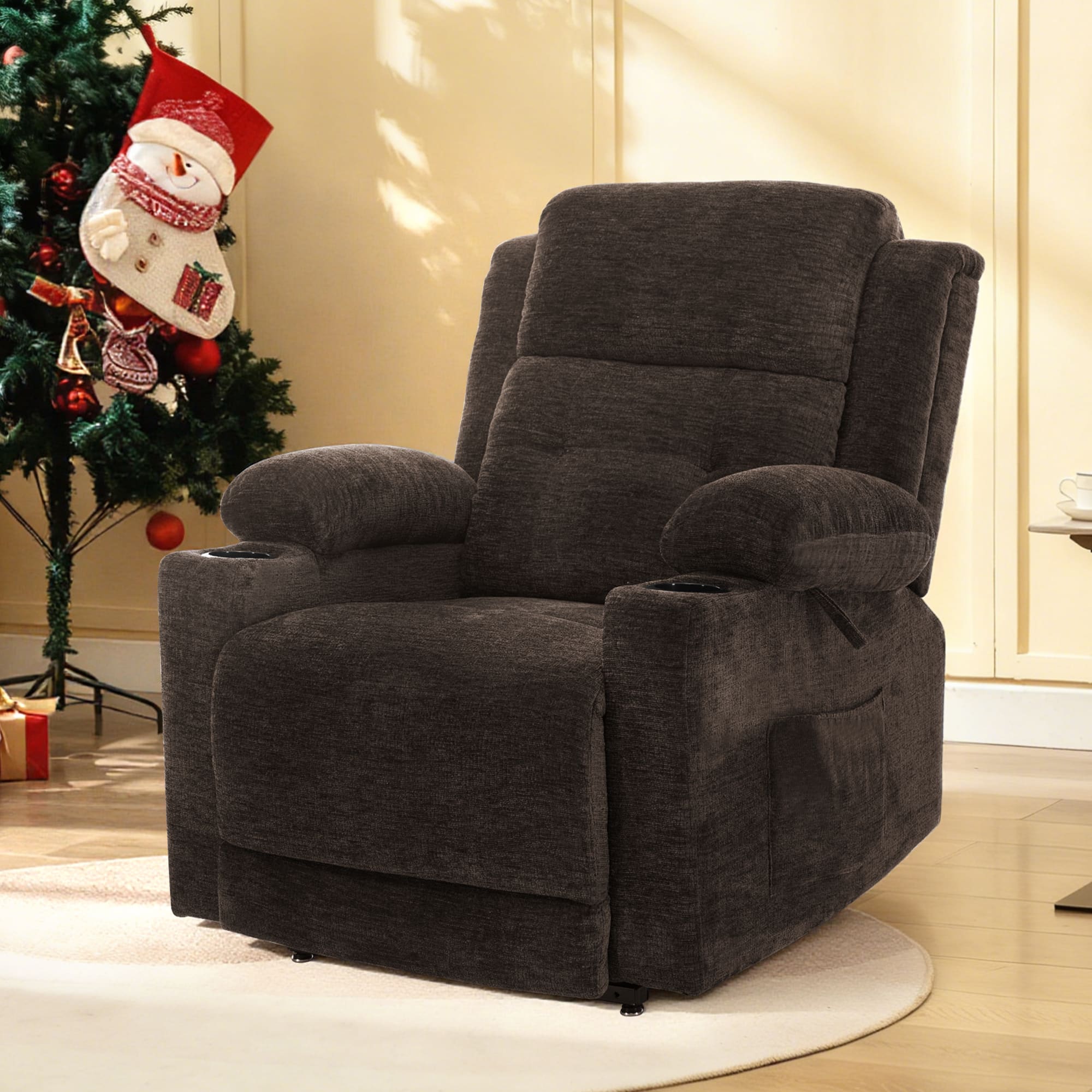 Brick Attic - 35.7″ Wide Luxury Power Lift Recliner Chair with Heated Massage and Electric Recline for Elderly, Chenille Fabric - Brown