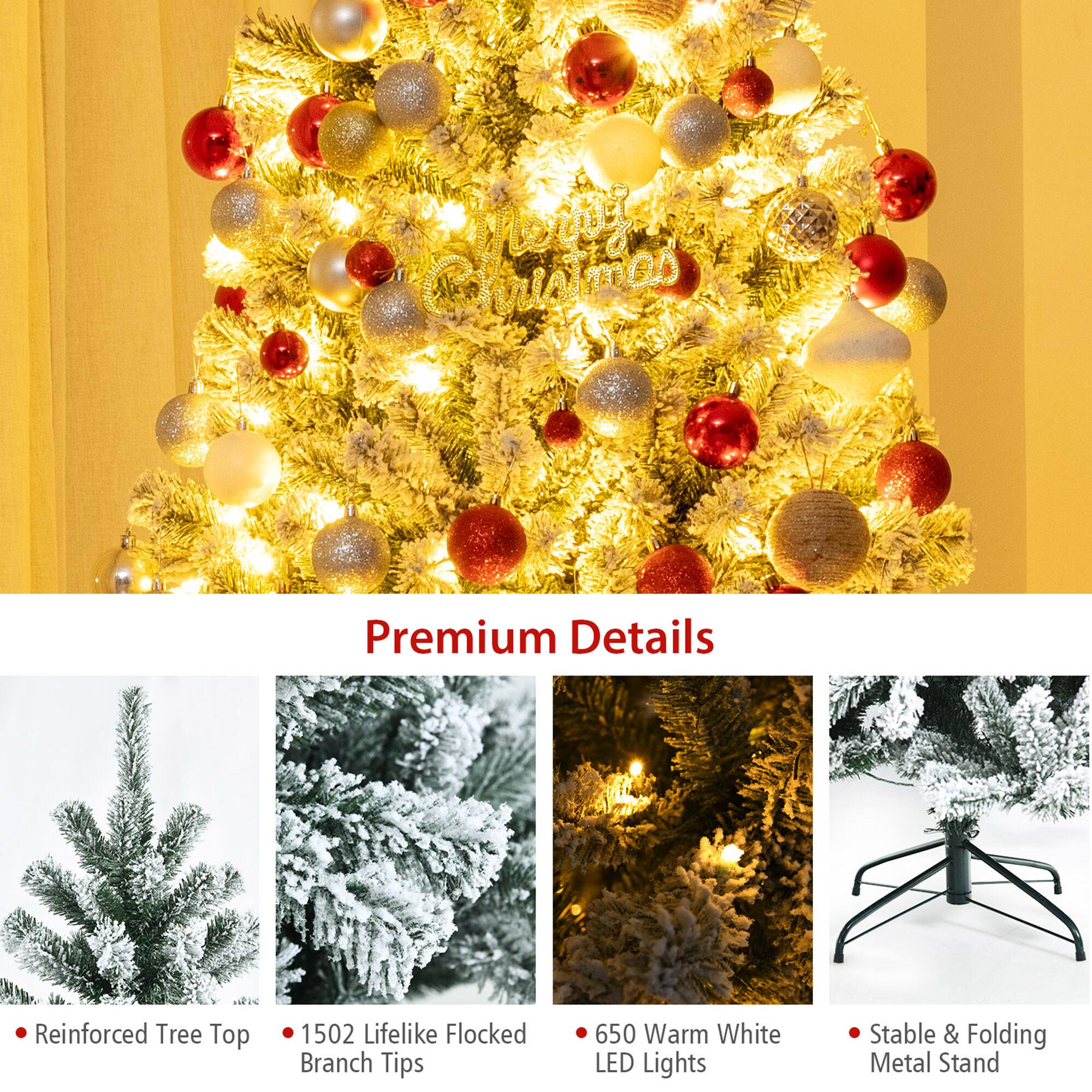 Premium Details

- Reinforced Tree Top
- 1502 Lifelike Flocked Branch Tips
- 650 Warm White LED Lights
- Stable & Folding Metal Stand
