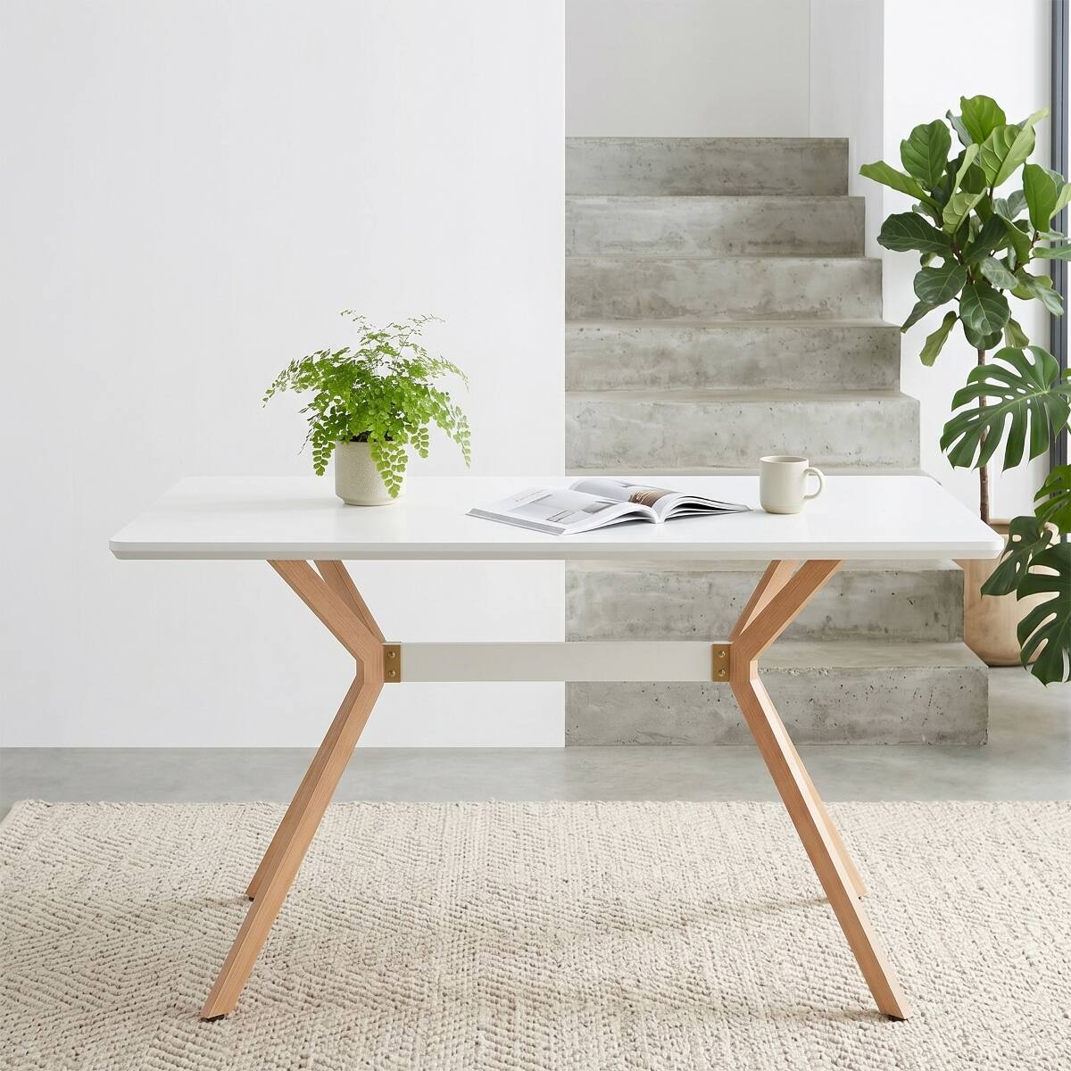 Back. Loheer - Loheer Modern White Dining Table with MDF Top and Metal Legs - White.