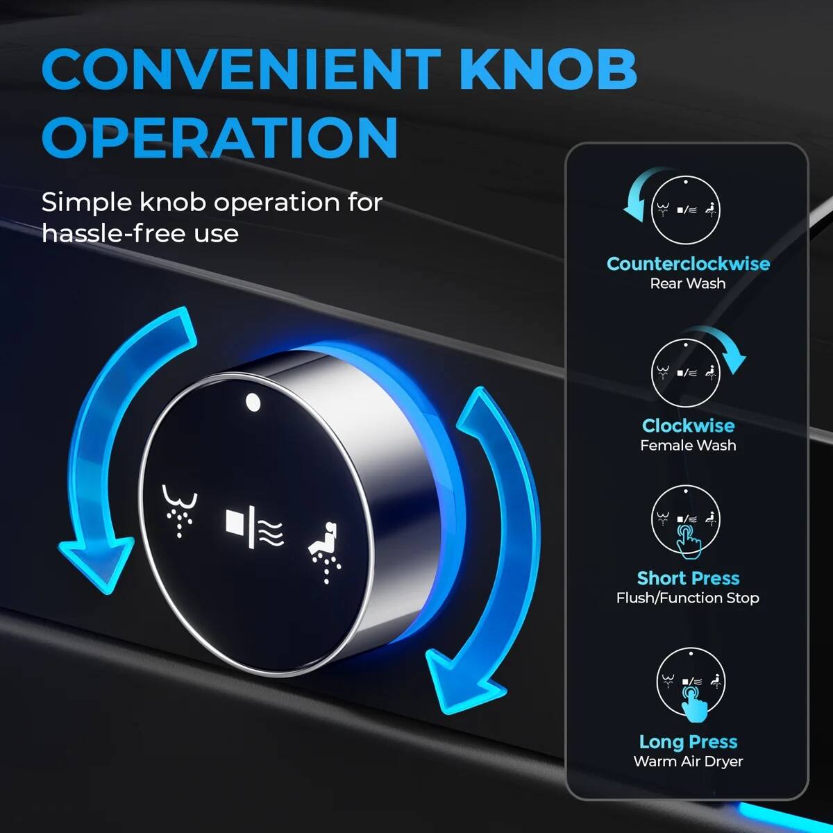 CONVENIENT KNOB OPERATION  
Simple knob operation for hassle-free use  
Counterclockwise Rear Wash  
Clockwise Female Wash  
Short Press Flush/Function Stop  
Long Press Warm Air Dryer