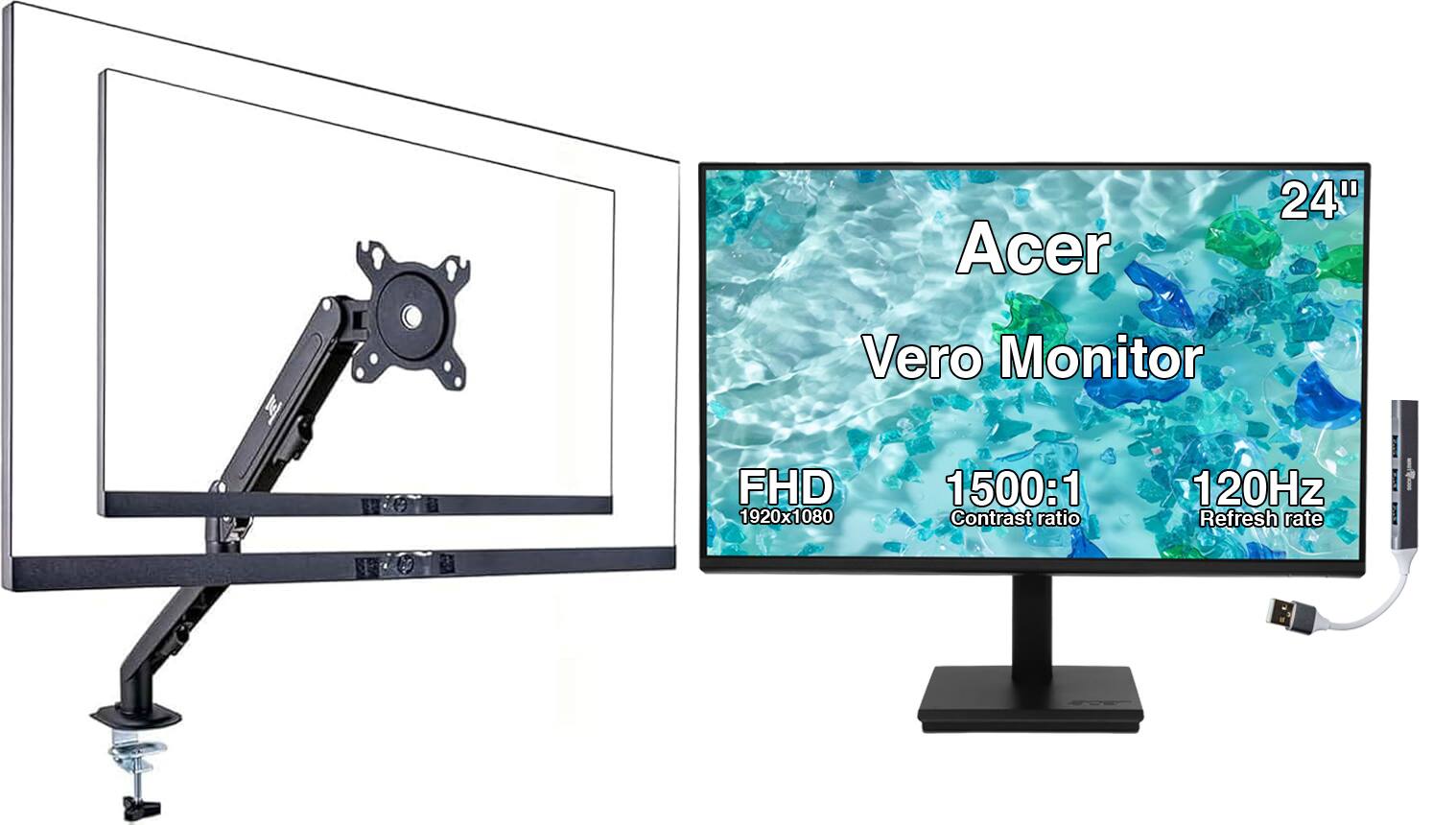 Acer - Vero 24" FHD IPS Monitor, 4ms Response Time, Anti-Glare, VGA w/HDMI cable, DKZ Hub & Ergoflexy Single Mount Arm - Black
