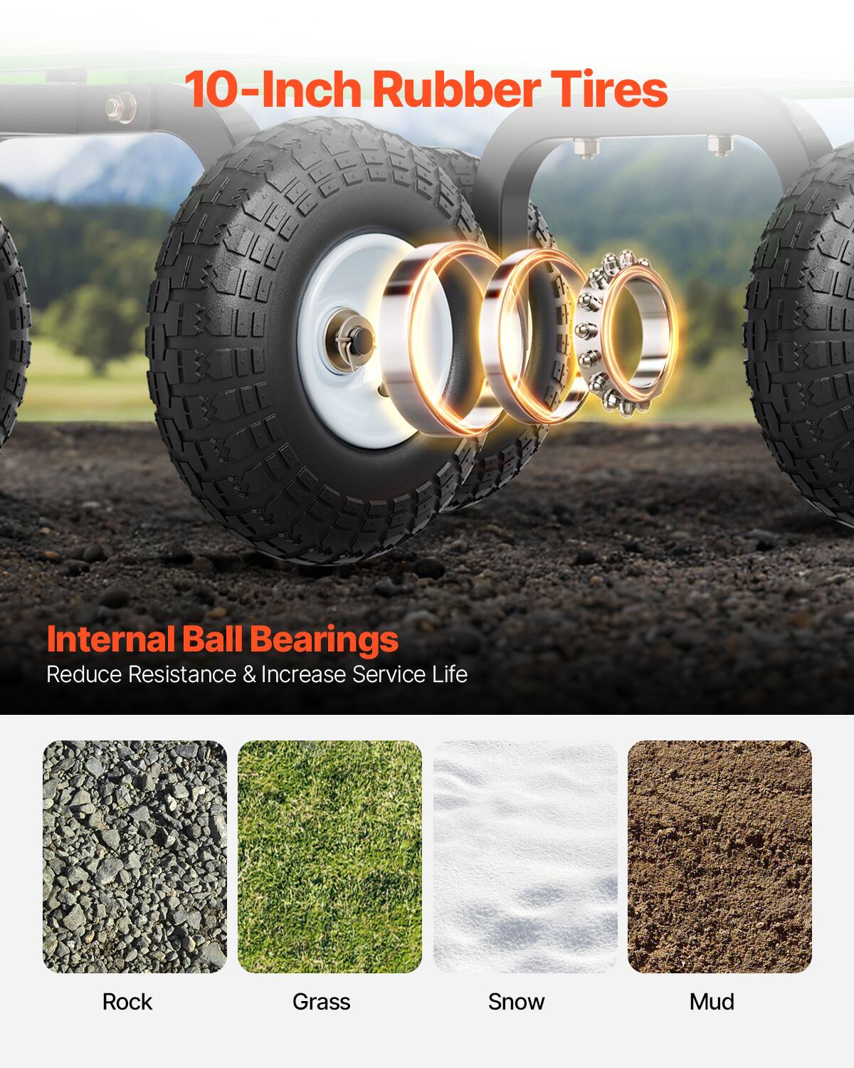 10-Inch Rubber Tires, Internal Ball Bearings, Reduce Resistance & Increase Service Life, Rock, Grass, Snow, Mud