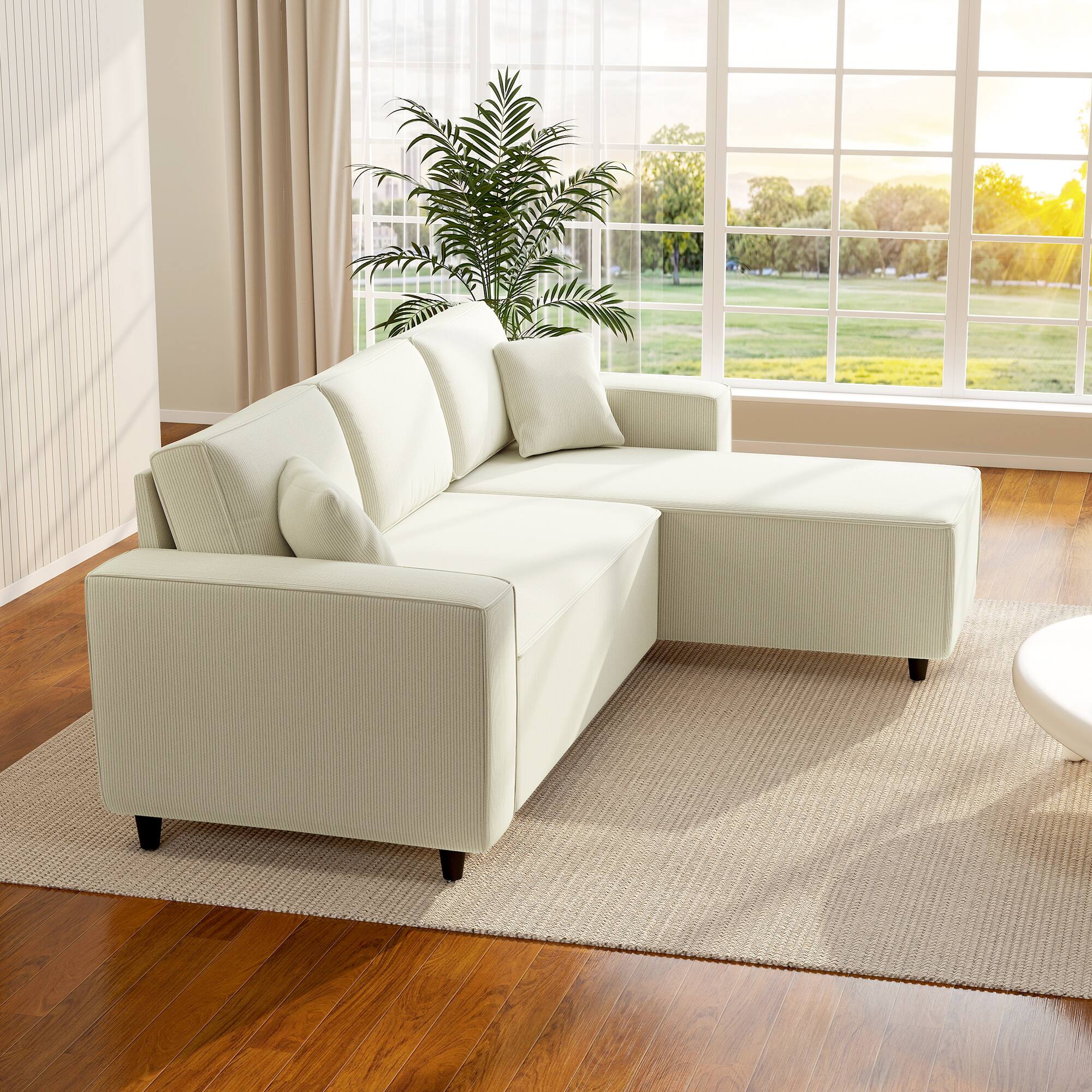Alt View 8. Homcom - Sofa with Reversible Chaise Lounge, Corduroy L-Shaped Sectional Sofa with Pocket Spring - Cream White.