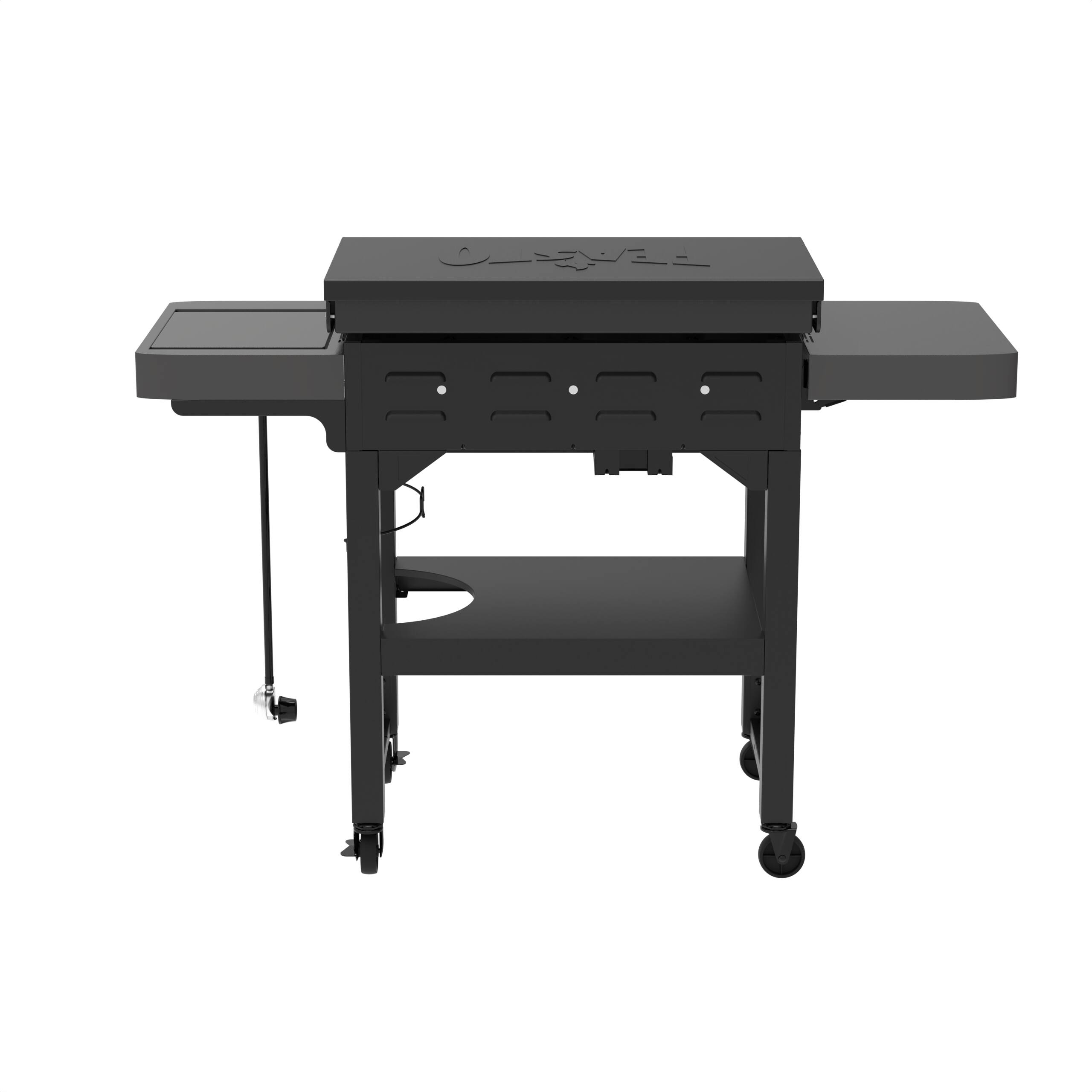 Back. FEASTO - 28-Inch 3-Burner Propane Gas Griddle with 13,000 BTU Side Burner and Hood - Black.