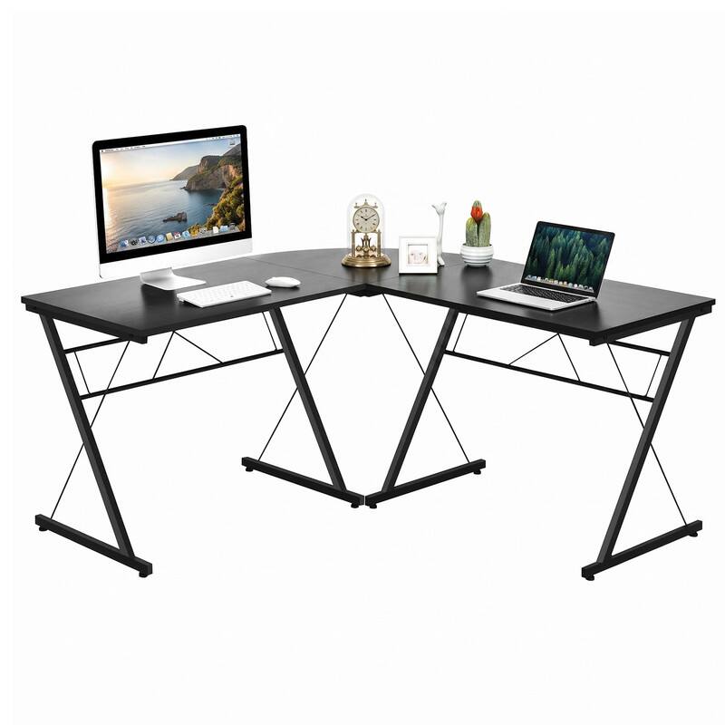 Front. WELLFOR - 59" L-Shaped Desk with Round Corner, Corner Computer Desk Gaming Desk for Home Office - Black.