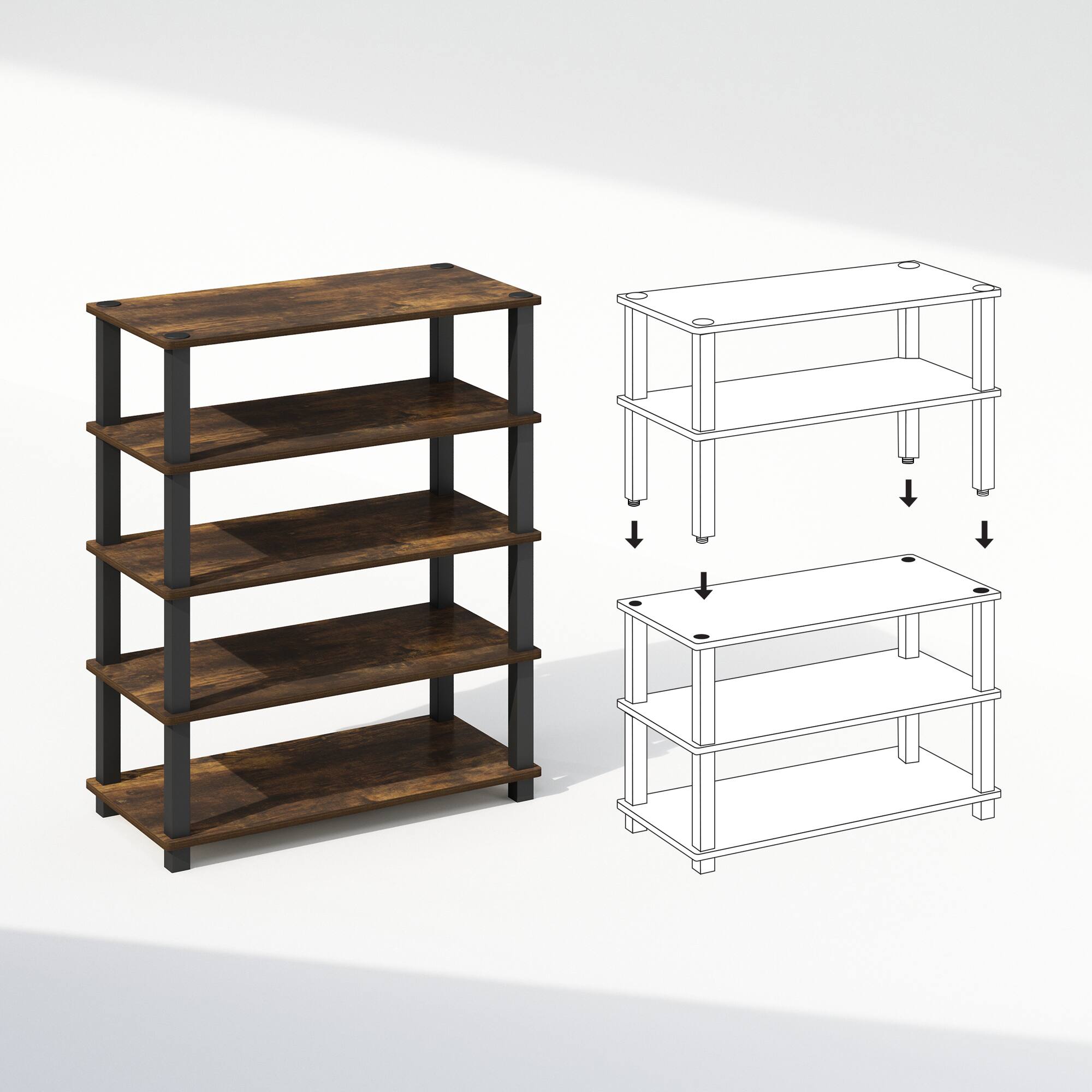 Alt View 2. Furinno - Turn-S-Tube 3-Tier Multipurpose Stackable Shoe Rack, Set of 2 - Amber Pine/Black.