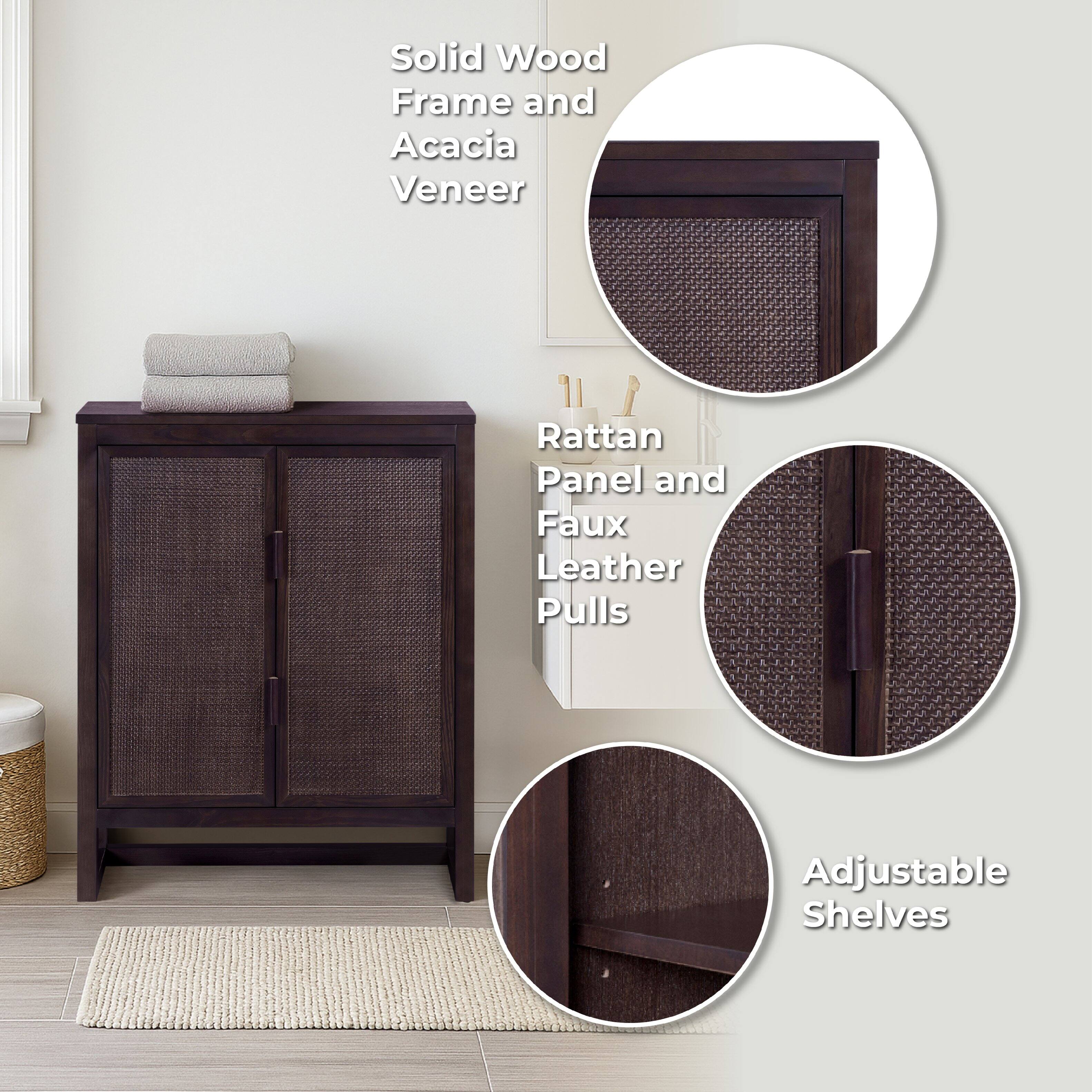 Solid Wood Frame and Acacia Veneer  
Rattan Panel and Faux Leather Pulls  
Adjustable Shelves