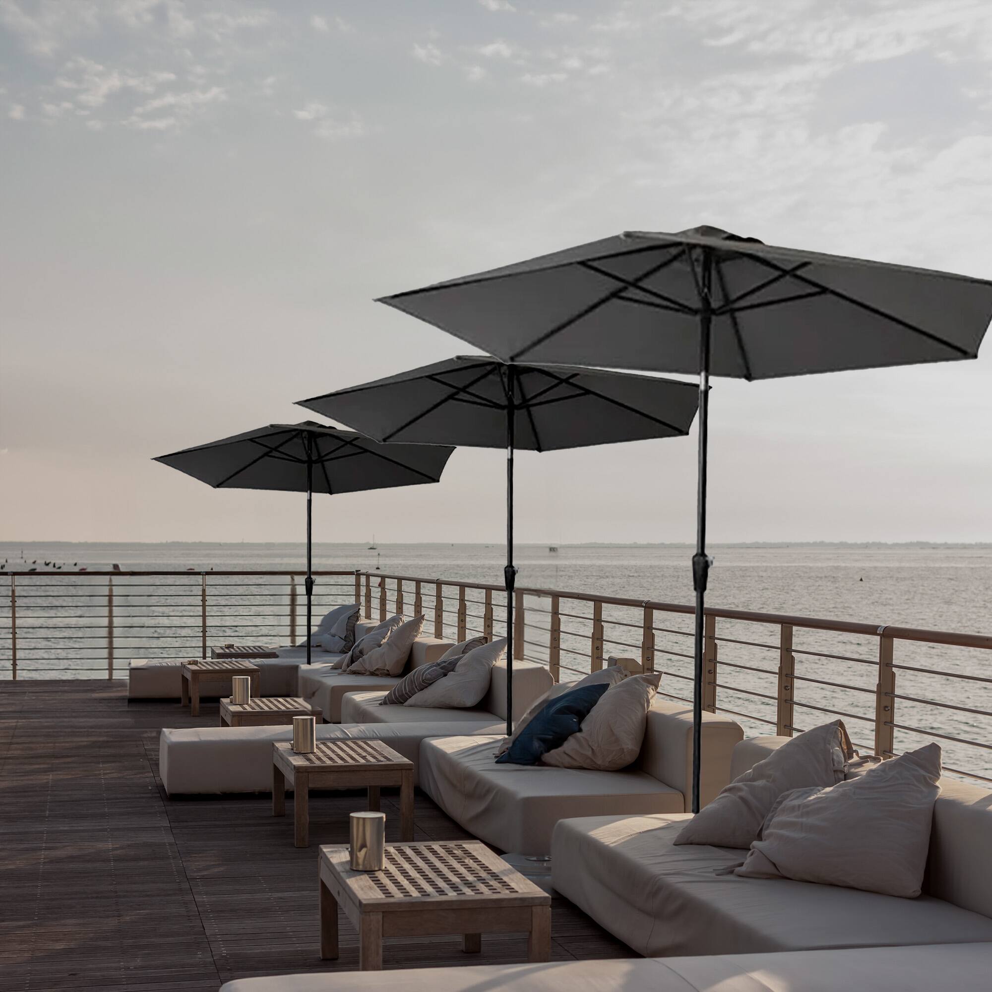 Alt View 2. Four Seasons Courtyard - Four Seasons Courtyard 9' Round Sling Fabric Campton Hills Market Umbrella, Gray - Gray, Brown.