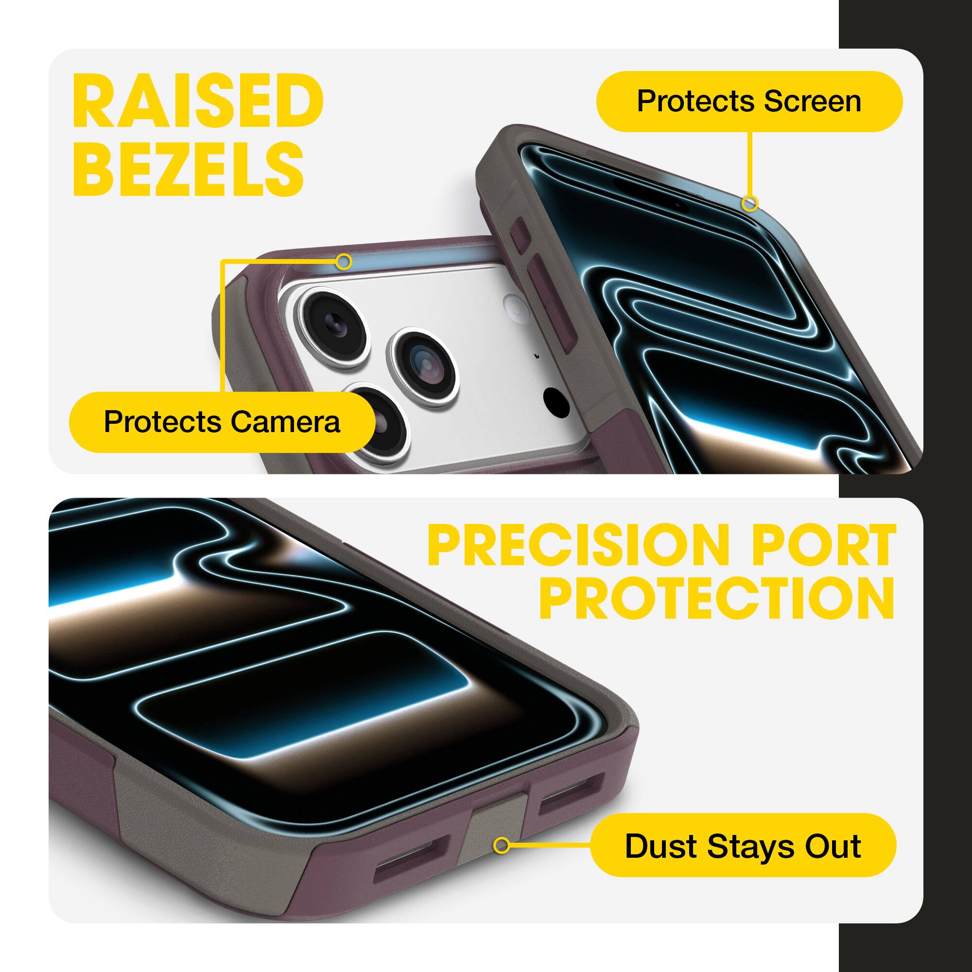 RAISED BEZELS  
- Protects Screen  
- Protects Camera  

PRECISION PORT PROTECTION  
- Dust Stays Out