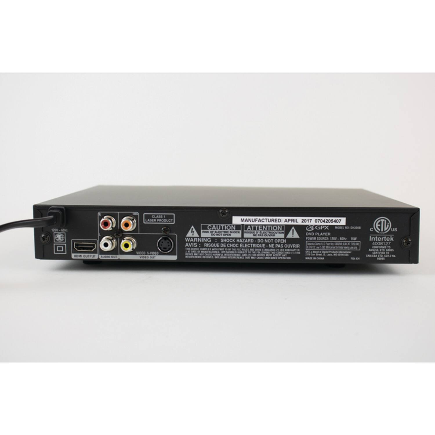 190 - BUTIFUT - CLASS 1 LASER PRODUCT  
MANUFACTURED: APRIL 2017 0704205407  

CAUTION - ATTENTION GPX  
SHOCK HAZARD - A VIS RISQUE DE CHOC ÉLECTRIQUE  
DO NOT OPEN - NE PAS OUVRIR  

WARNING: DVD PLAYER  
POWER SOURCE: 120V - 60Hz  
MADE IN CHINA  

CE  
ETL US  
Intertek  

MODEL NO: GPX-00088  
POWER: 12V - 1.5A - 18W  

12V DC IN  
HDMI OUTPUT  
AUDIO OUTPUT  
VIDEO OUT (S-VIDEO)