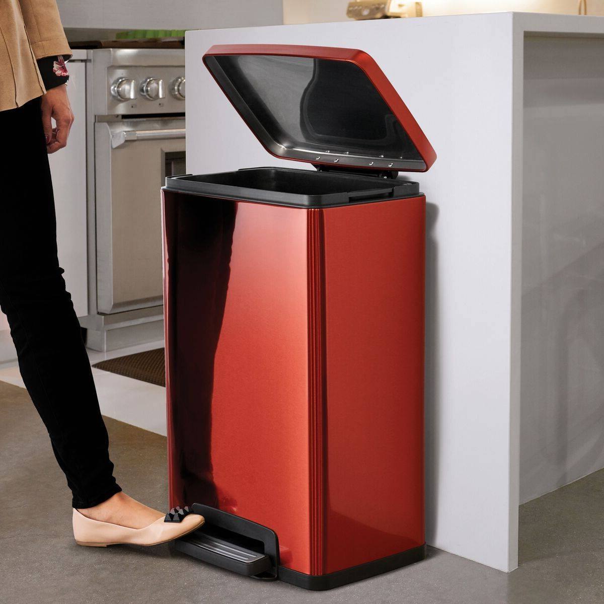 Left. SlickBlue - 13-Gallon Step Lid Trash Can – Modern Kitchen Waste Bin with Quiet, Hands-Free Operation - Red.
