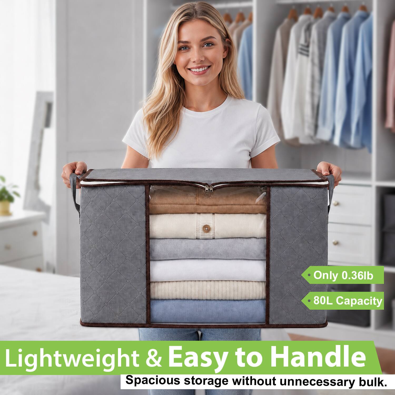 Only 0.36lb  
80L Capacity  
Lightweight & Easy to Handle  
Spacious storage without unnecessary bulk.
