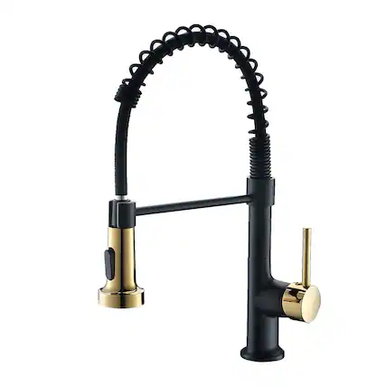 Front. Boyel Living - Matte Black with Gold Single Handle No Sensor Gooseneck Pull Down Sprayer Kitchen Faucet - Matte Black with Gold.