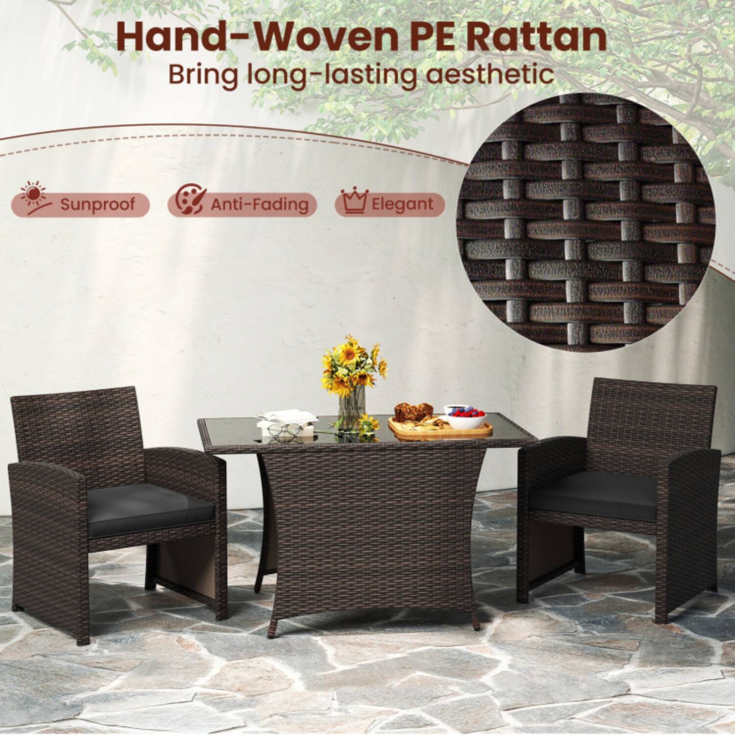 Hand-Woven PE Rattan  
Bring long-lasting aesthetic  

Sunproof  
Anti-Fading  
Elegant