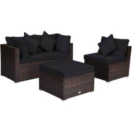 Pefilos - 4 Pieces Ottoman Garden Patio Rattan Wicker Furniture Set with Cushion- Wicker Furniture Conversation Sets, Coffee - Black